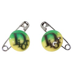 John Galliano for Christian Dior Y2K Logo Safety Pin Clip-On Earrings