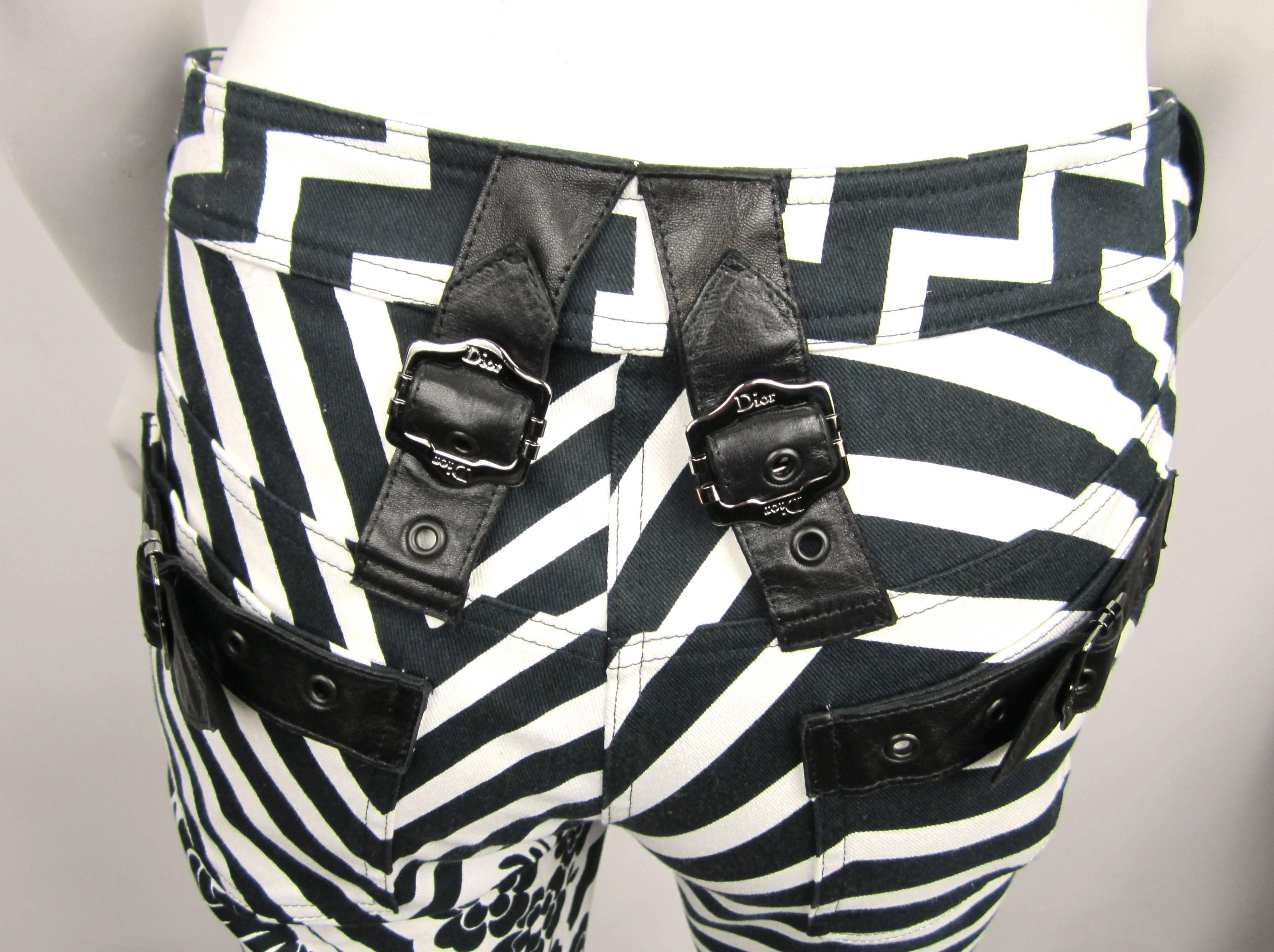  John Galliano for Dior Bondage Pants Black & White Graphic Leather Buckle 1990s In Good Condition In Wallkill, NY