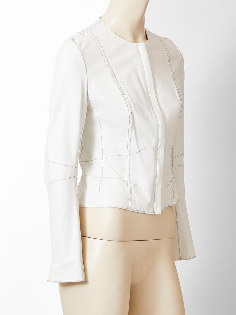 John Galliano for Dior, white, kid leather, fitted jacket having a front zipper closure and black top stitching detail.