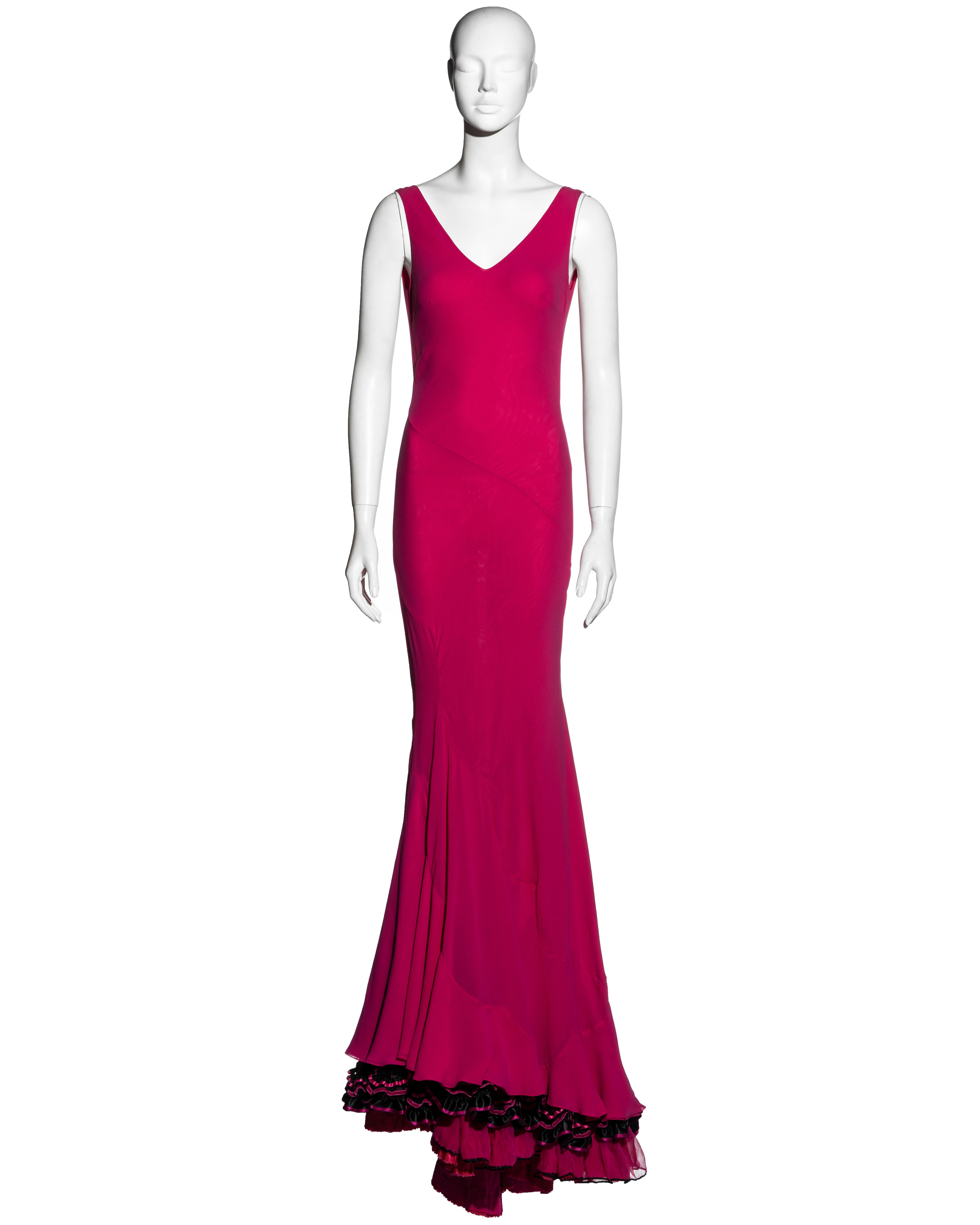 Pink John Galliano fuchsia pink bias cut evening dress with flamenco frills, fw 1995