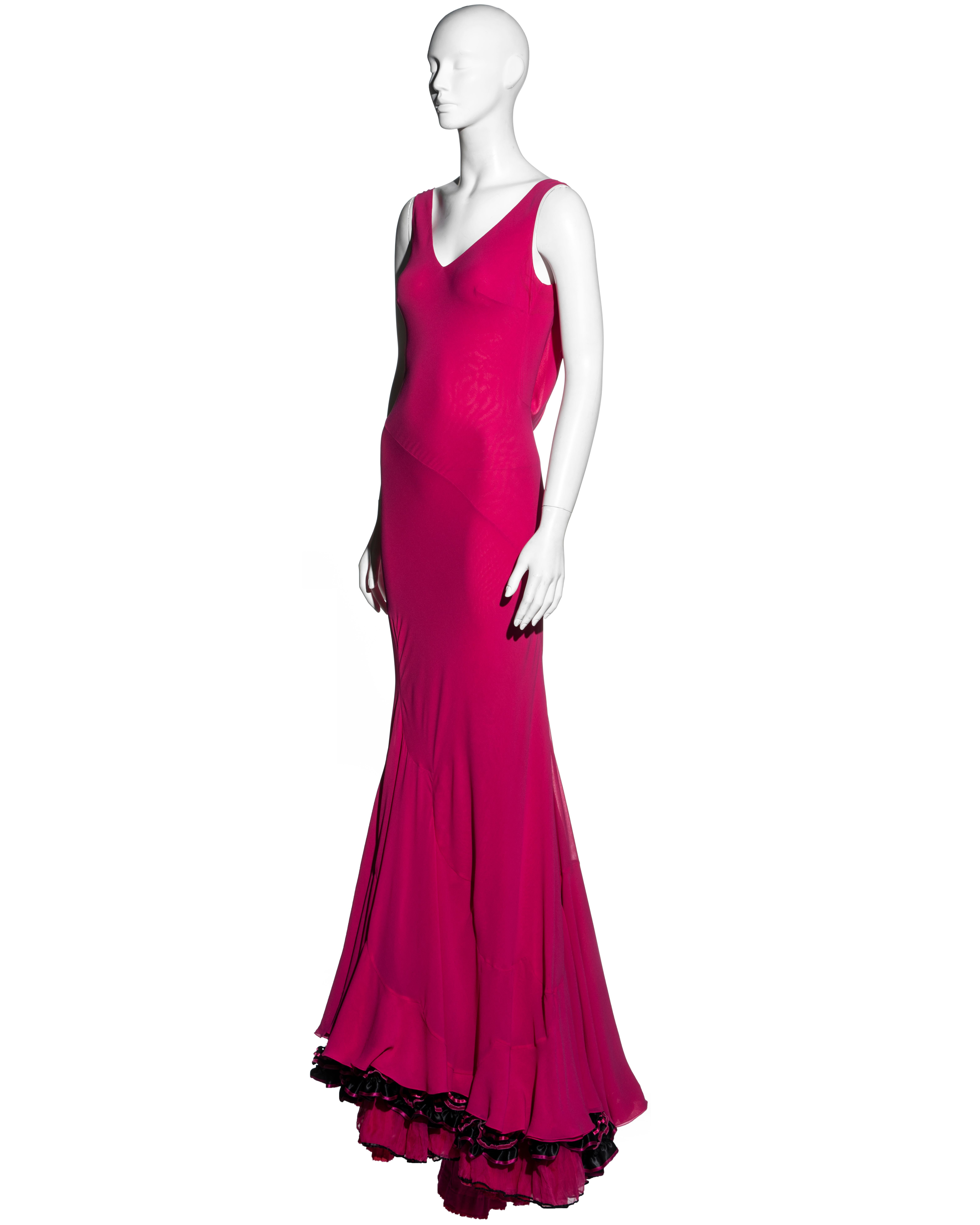 John Galliano fuchsia pink bias cut evening dress with flamenco frills, fw 1995 In Excellent Condition In London, GB
