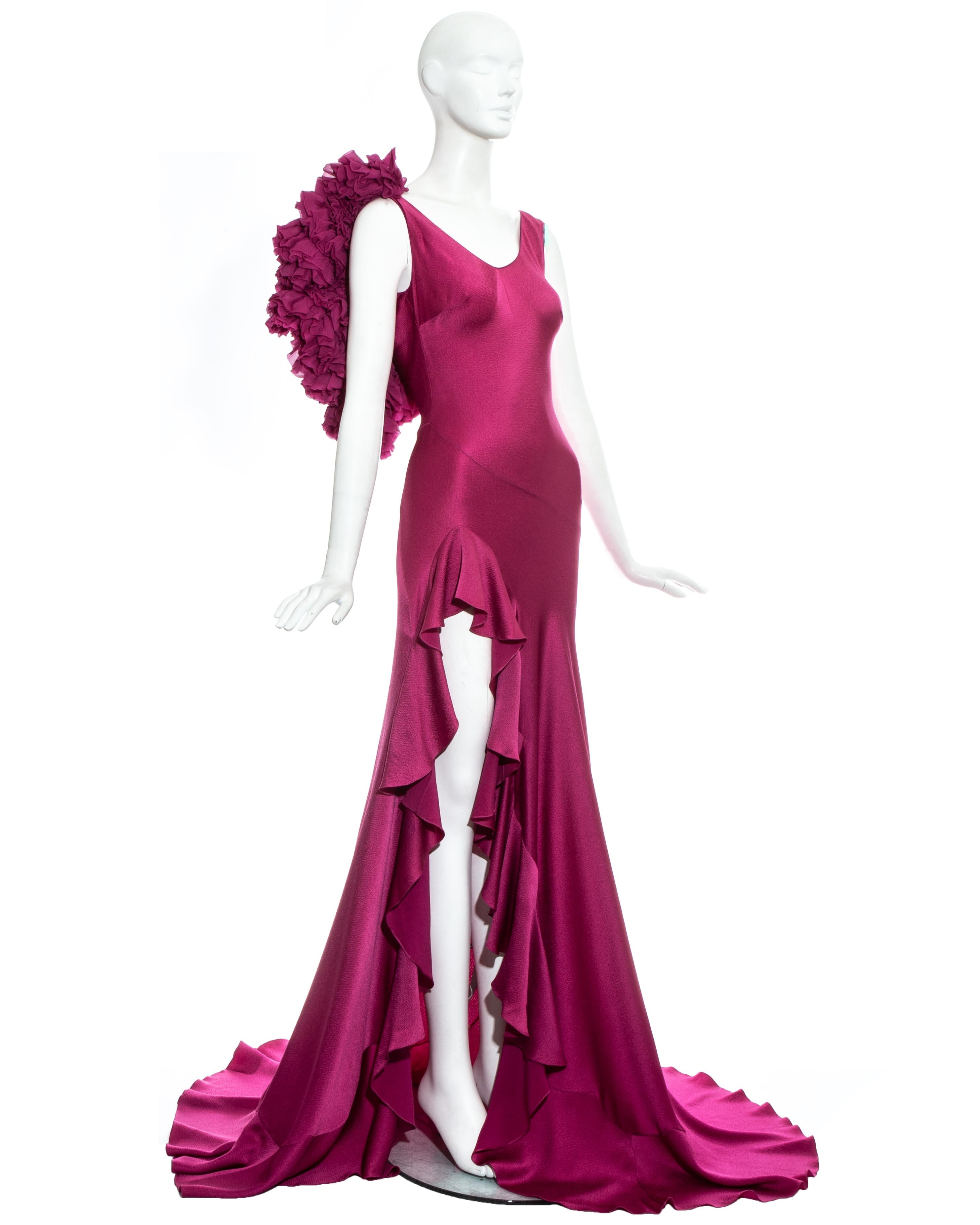 John Galliano fuchsia silk bias cut ruffled evening dress, fw 1995 In Excellent Condition For Sale In London, London