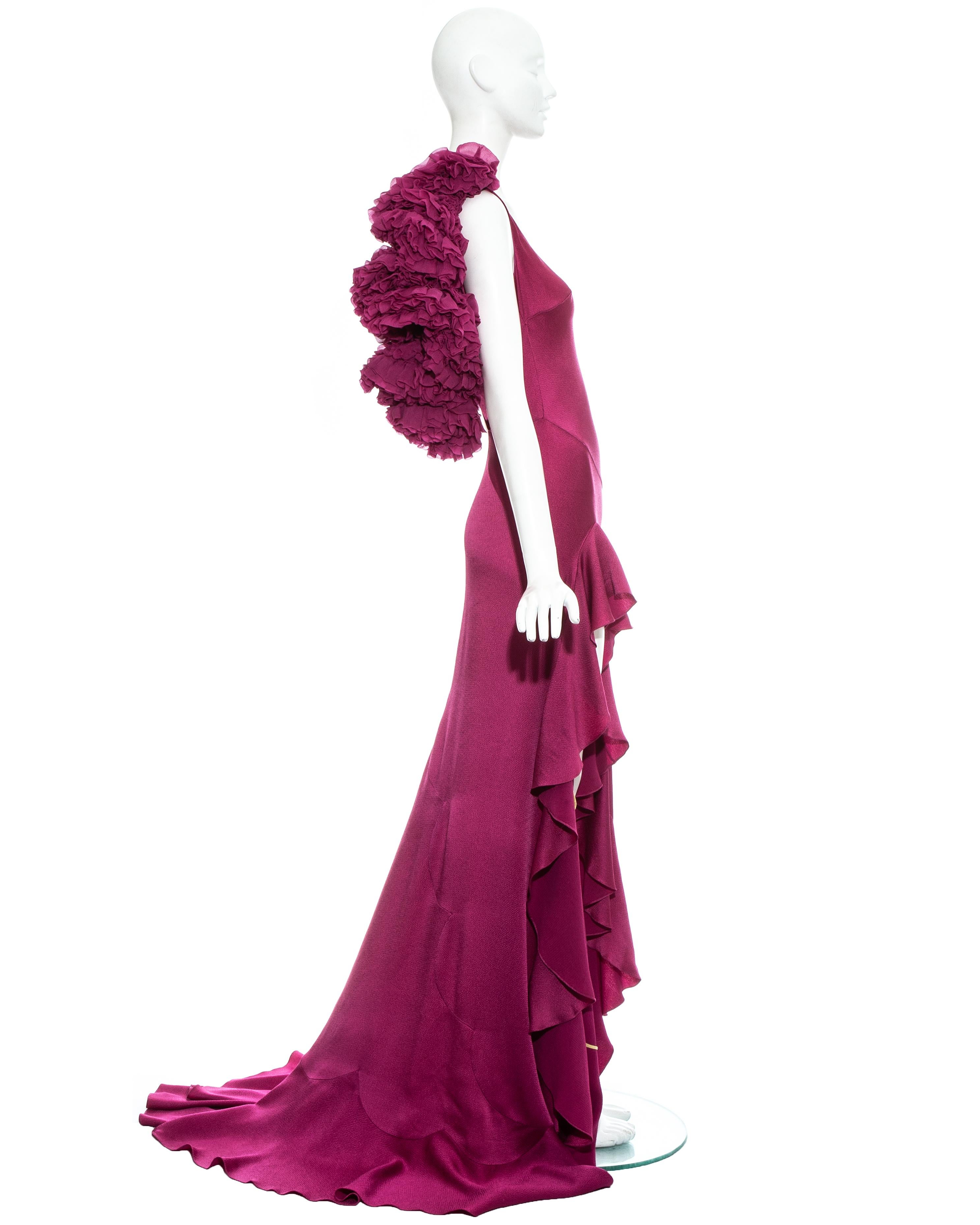 John Galliano fuchsia silk bias cut ruffled evening dress, fw 1995 For Sale 3