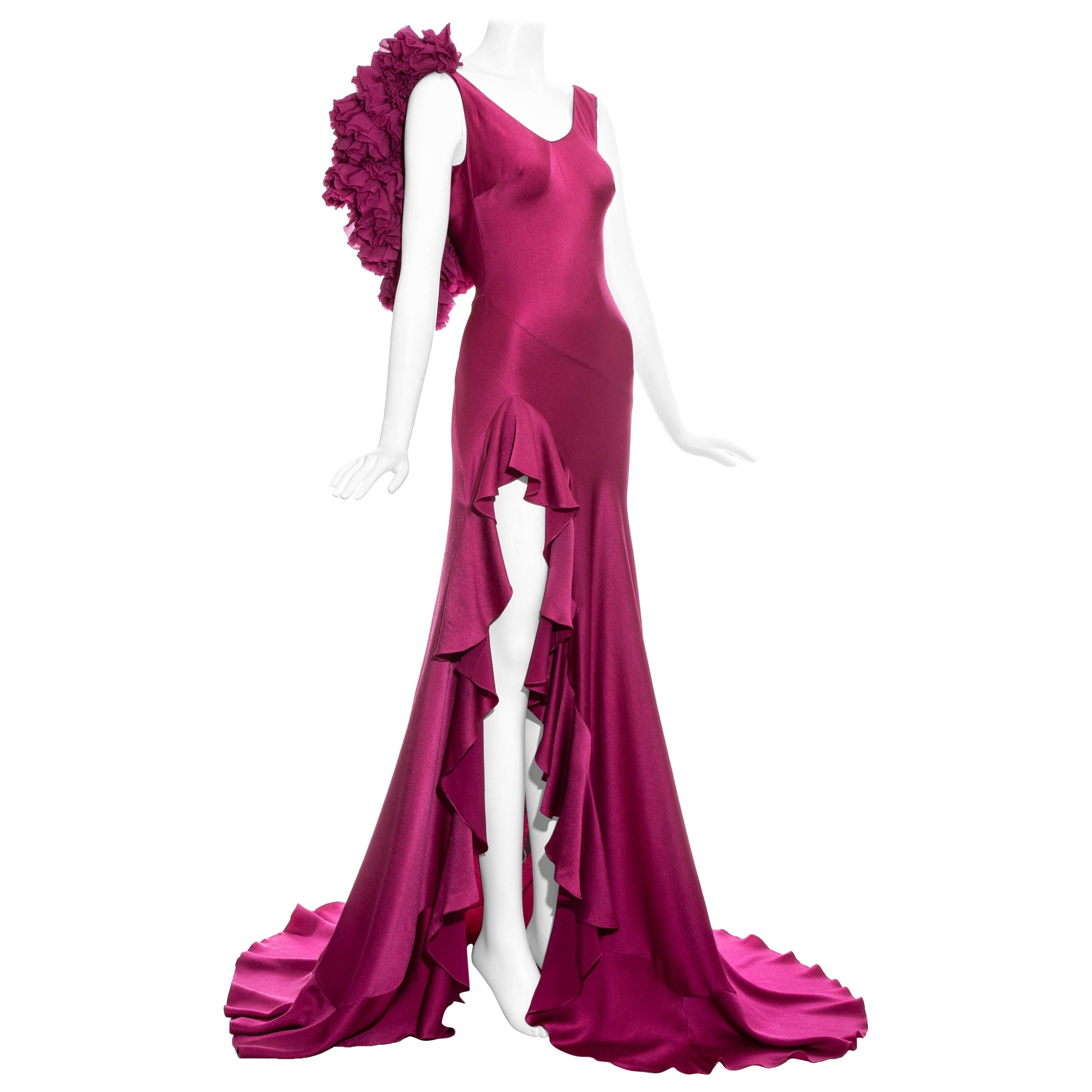 John Galliano fuchsia silk bias cut ruffled evening dress, fw 1995 For Sale