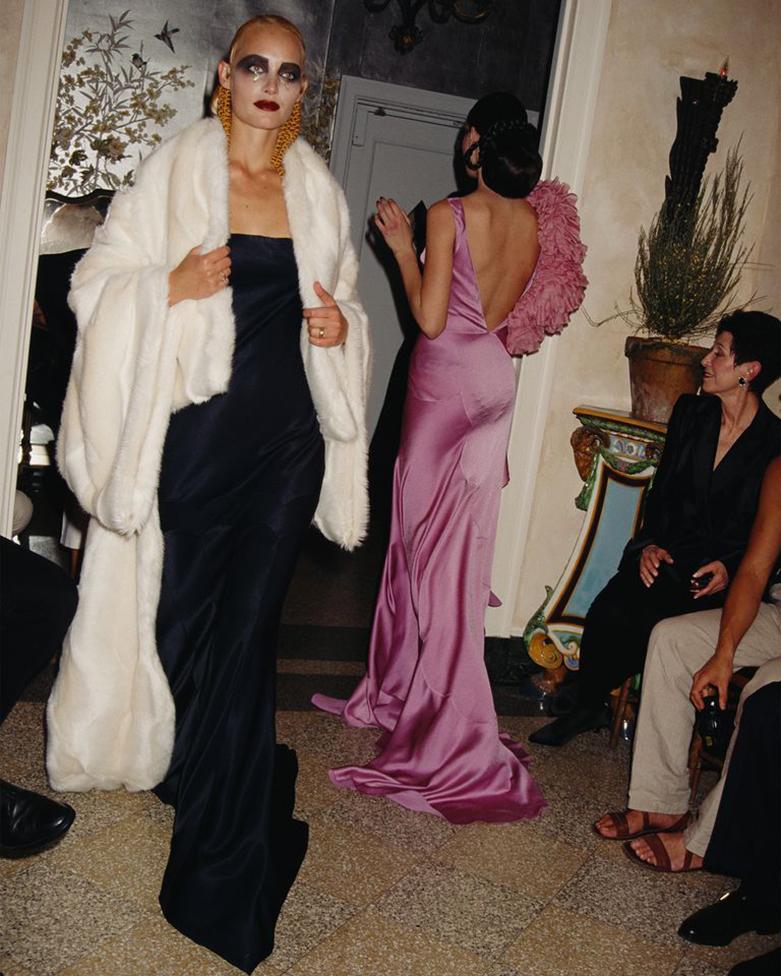 John Galliano fuchsia silk bias cut trained evening dress, fw 1995 1
