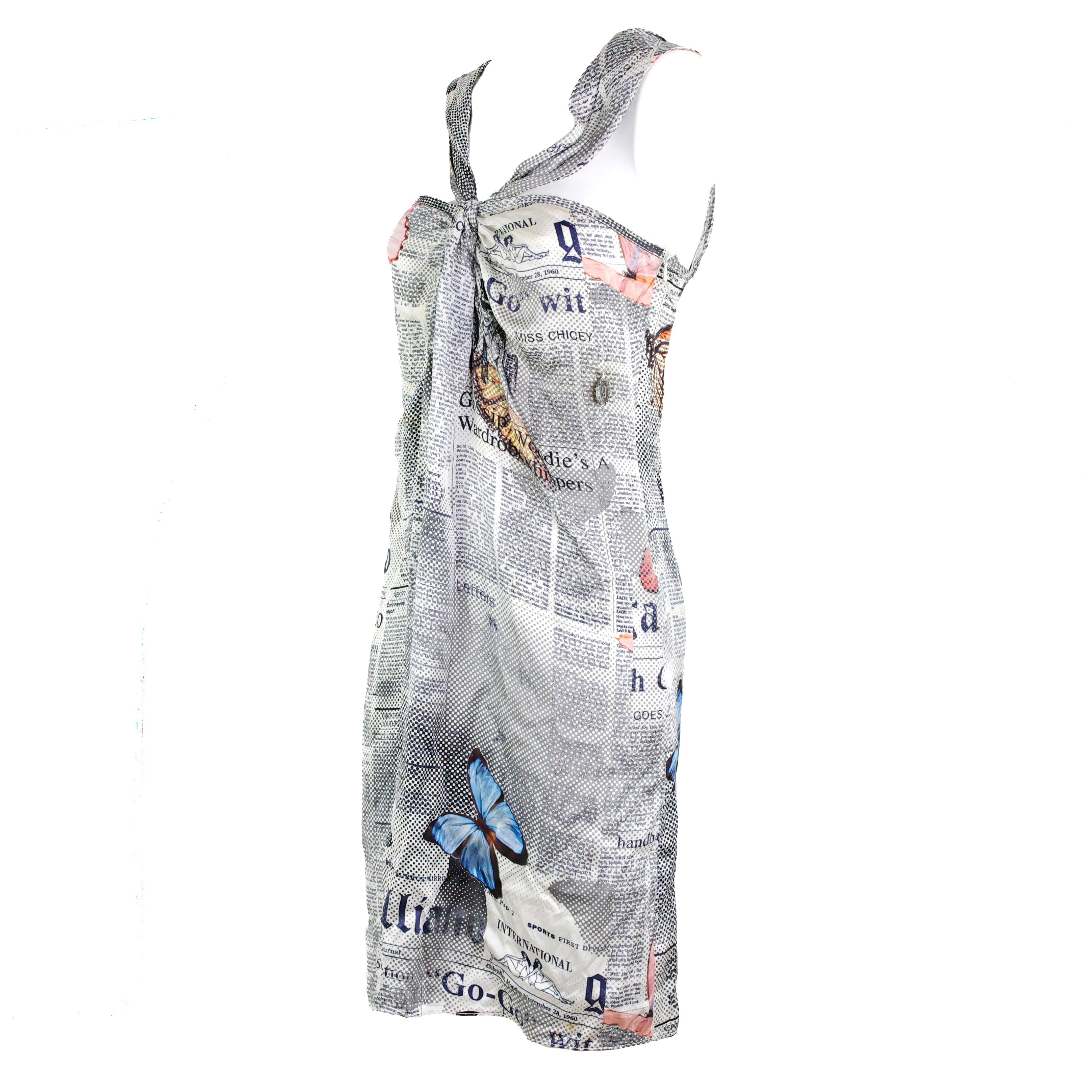 John Galliano Gazette / Newspaper Butterfly Silk Dress In Good Condition For Sale In Bressanone, Trentino-Alto Adige