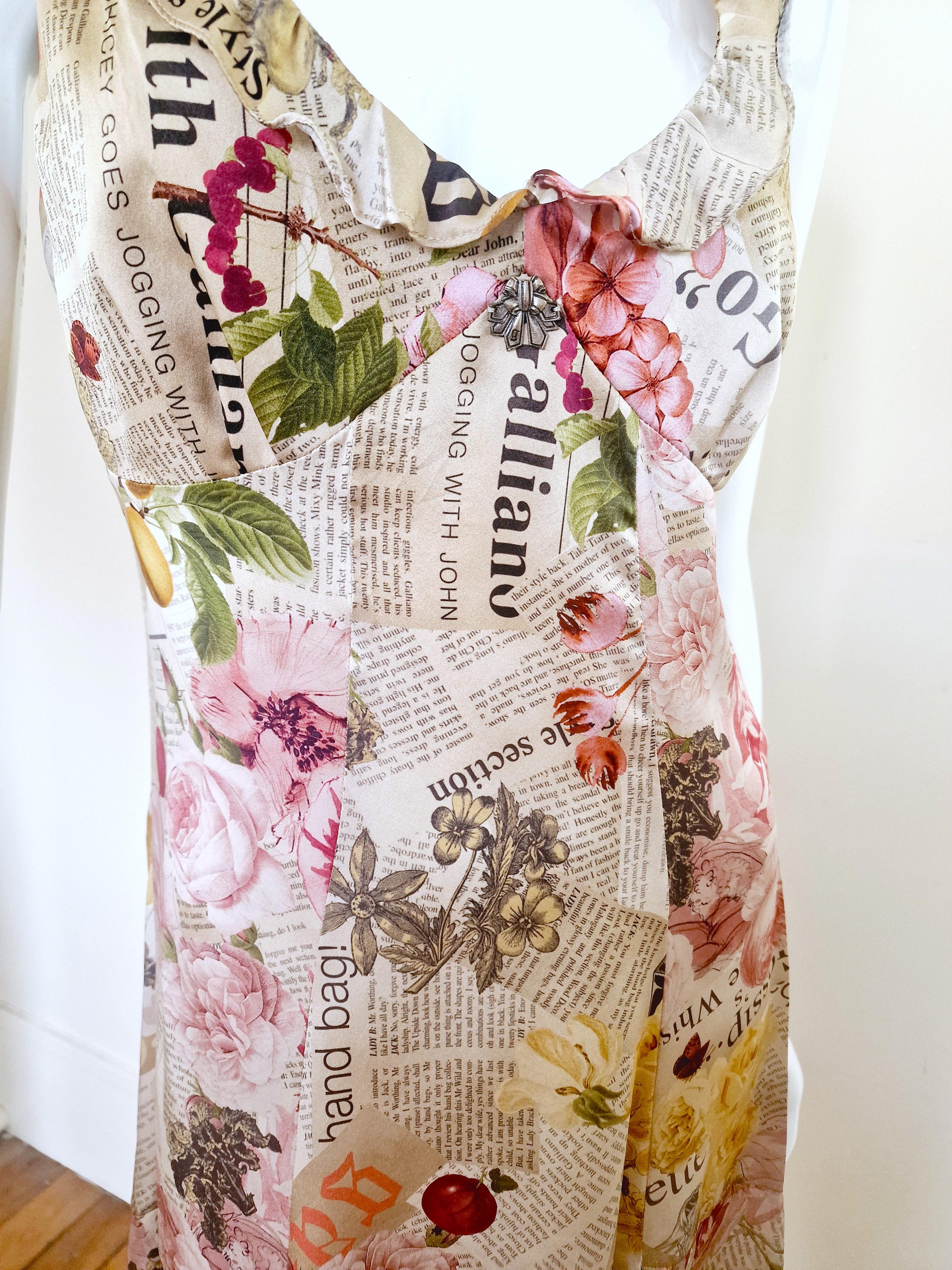 John Galliano Gazette Newspaper Silk News Floral Butterfly Face Evening Dress 1