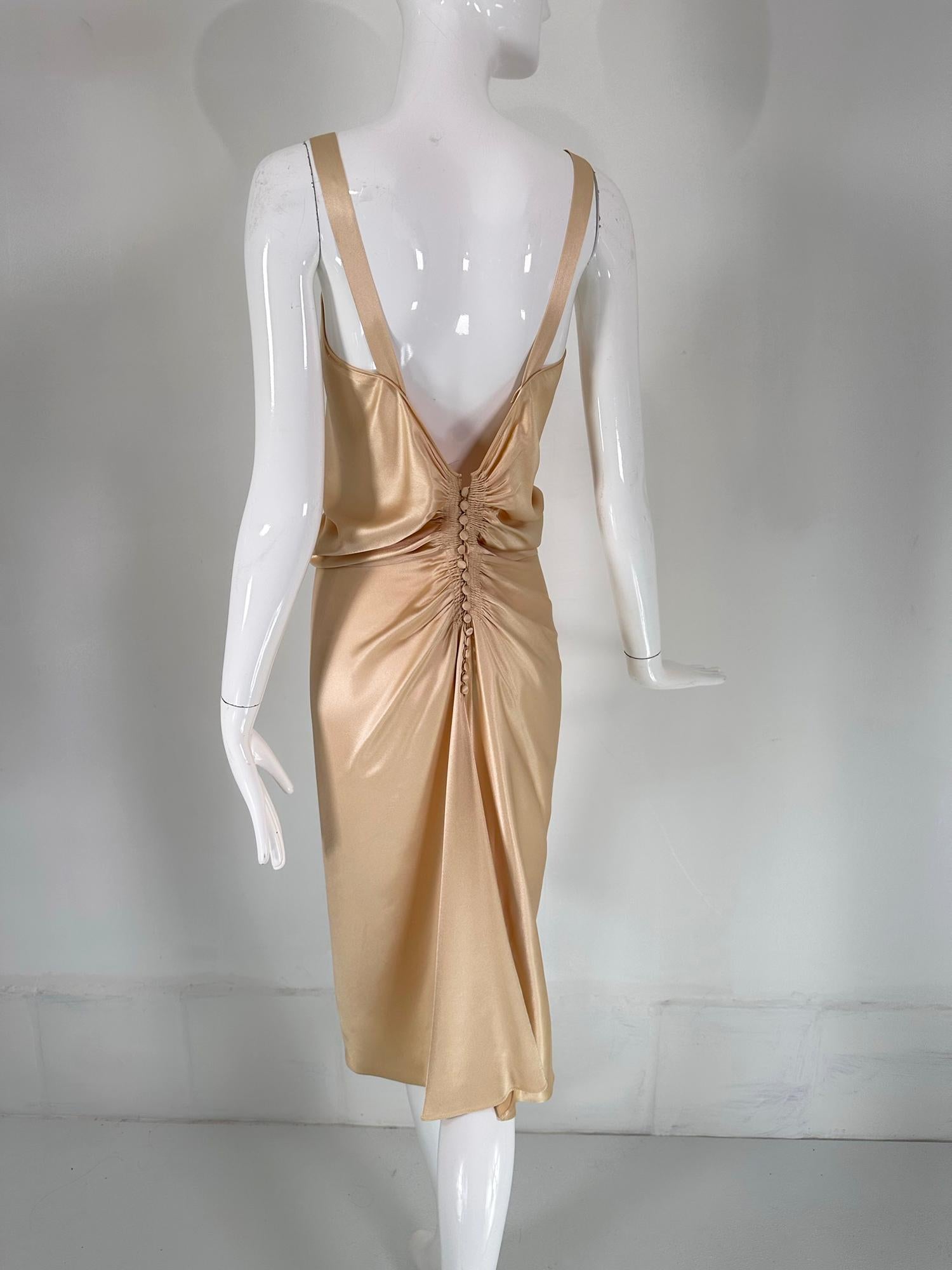 John Galliano Glamourous Gold Satin Shirred Front Button Back Evening Dress  6 For Sale 3