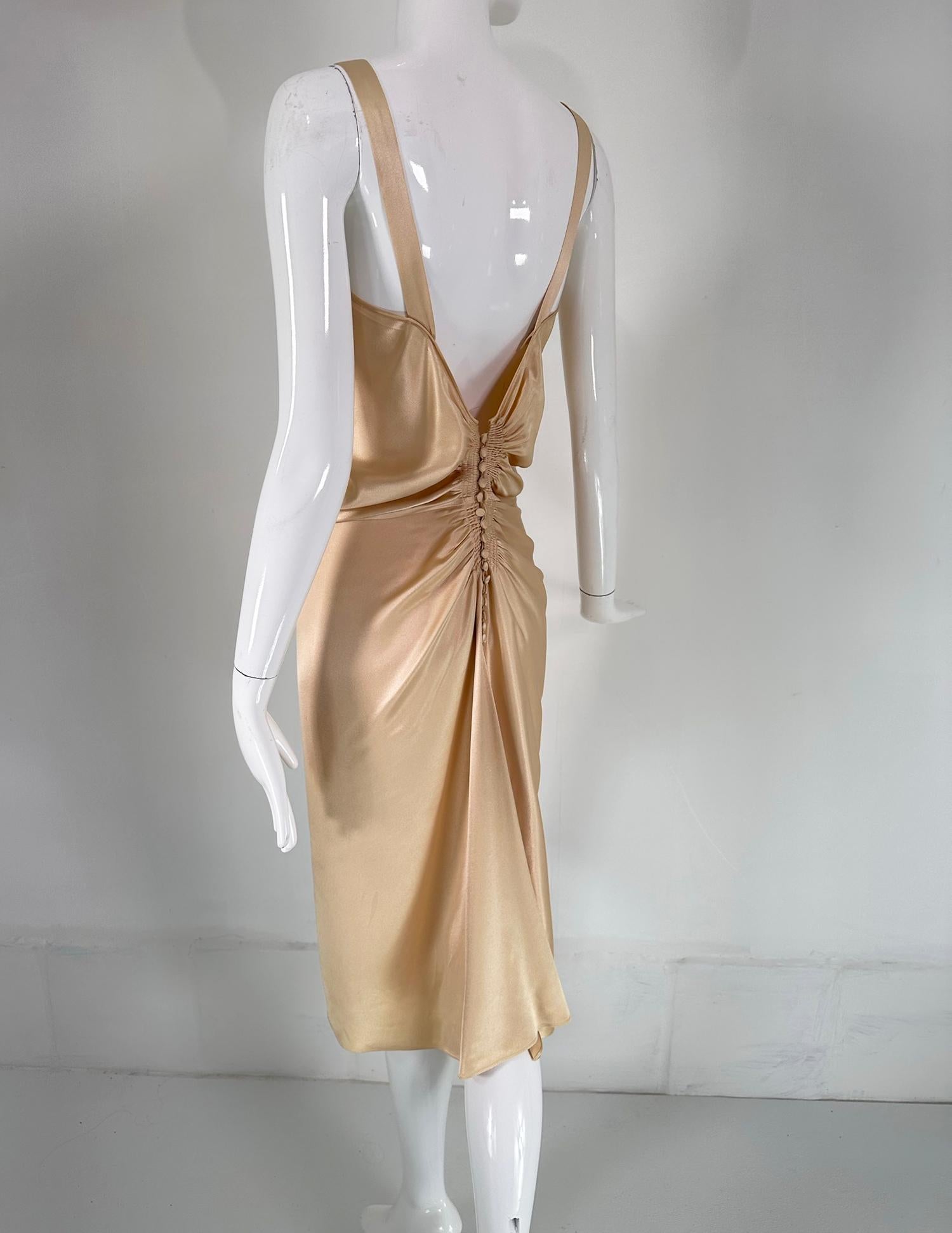 John Galliano Glamourous Gold Satin Shirred Front Button Back Evening Dress  6 For Sale 4
