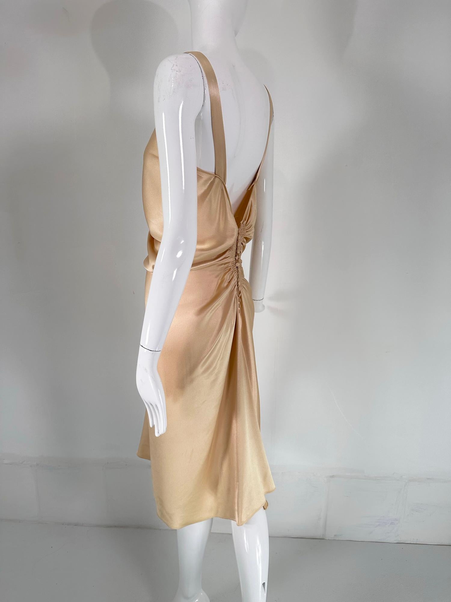 John Galliano Glamourous Gold Satin Shirred Front Button Back Evening Dress  6 For Sale 5