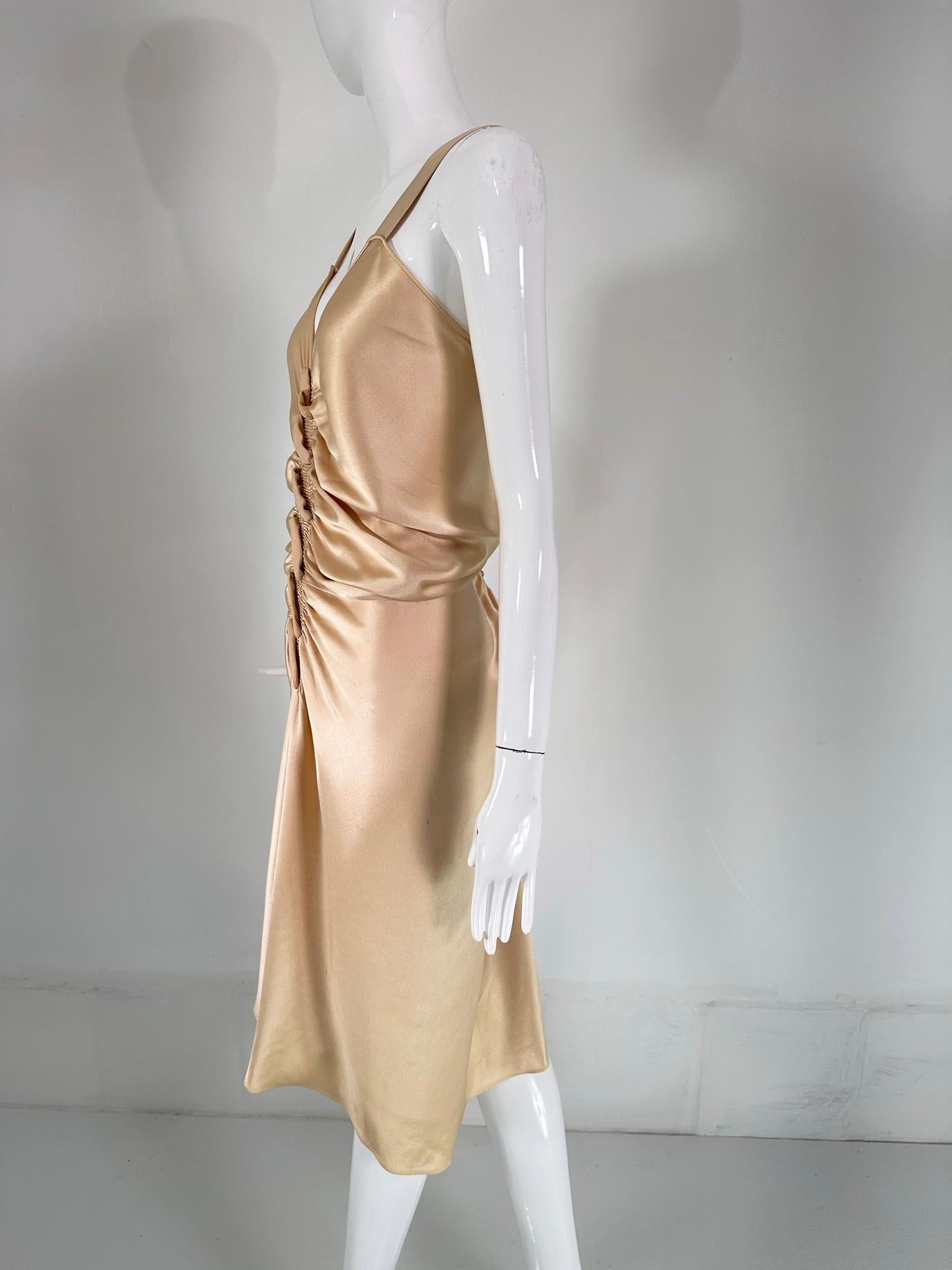 John Galliano Glamourous Gold Satin Shirred Front Button Back Evening Dress  6 For Sale 6
