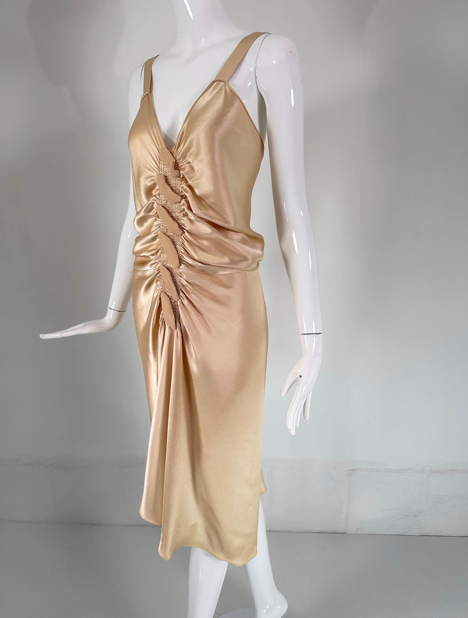 John Galliano Glamourous Gold Satin Shirred Front Button Back Evening Dress  6 For Sale 7