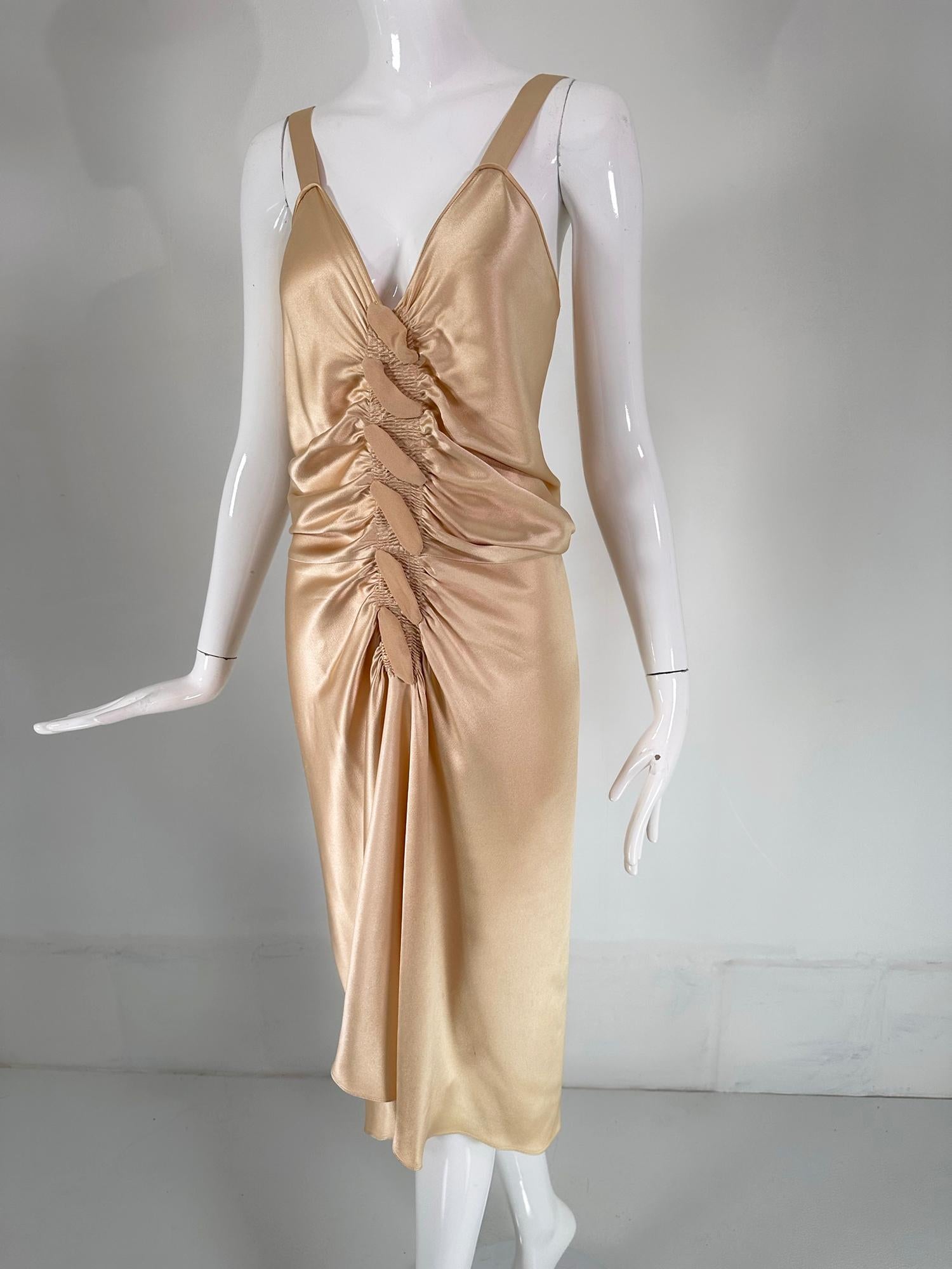John Galliano Glamourous Gold Satin Shirred Front Button Back Evening Dress  6 For Sale 8