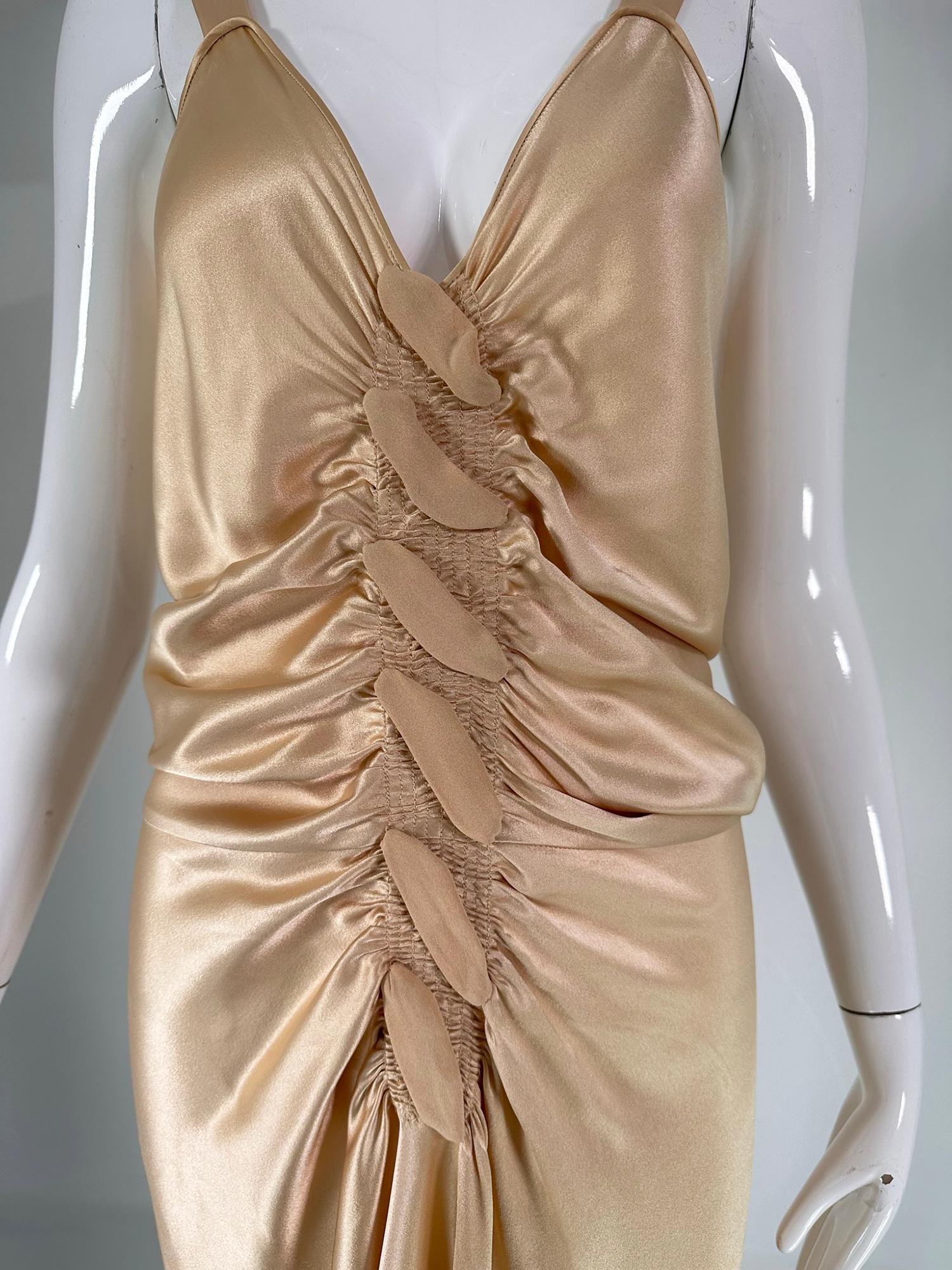 John Galliano, old Hollywood glamourous gold satin evening dress with a plunge V neckline and chiffon woven shirred center front, The back features a row of working self buttons & loops. Amazing dress of silky satin the design has a touch of the
