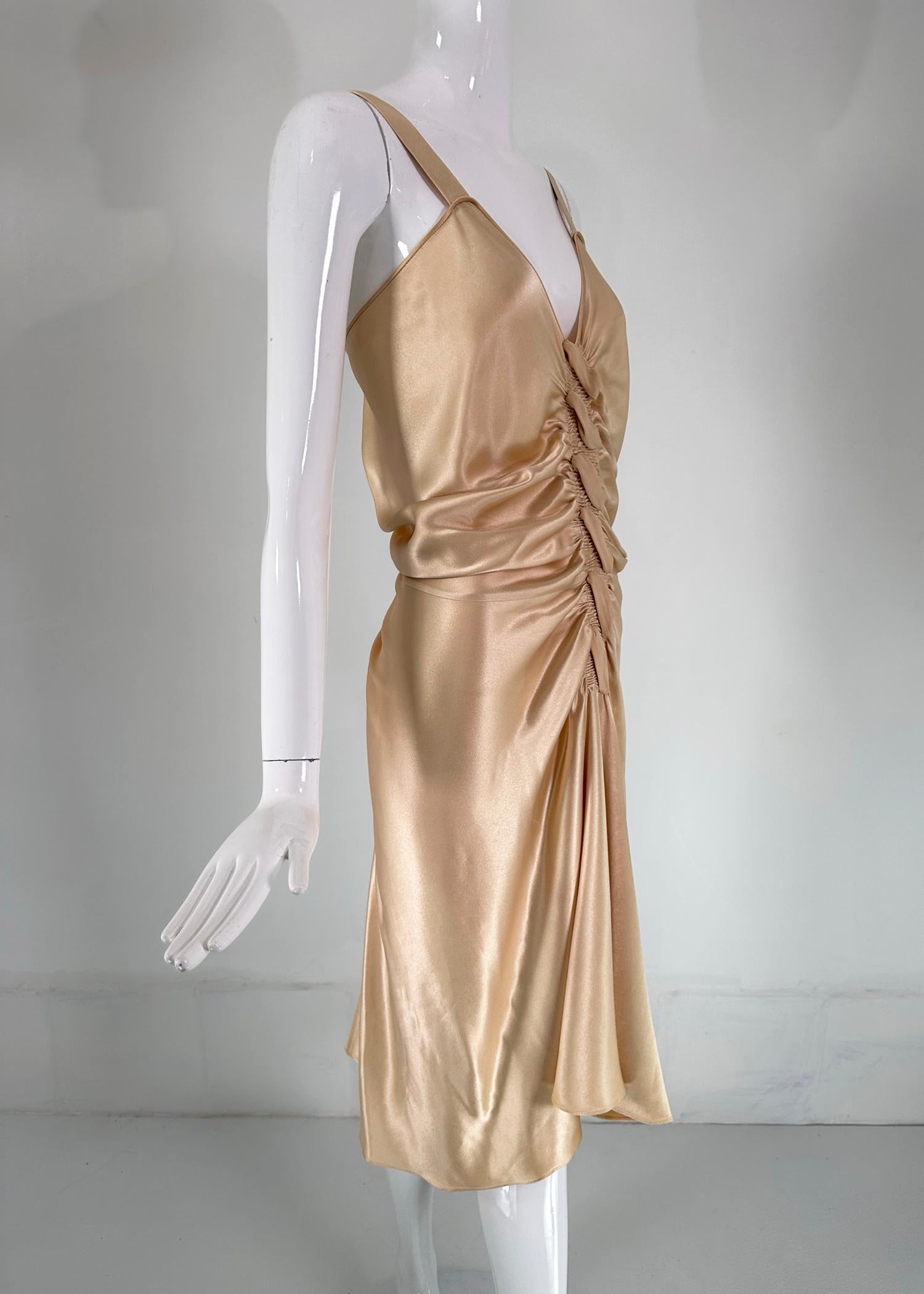 John Galliano - Robe de soirée glamour en satin doré à boutons sur le devant et le dos  6 Bon état - En vente à West Palm Beach, FL