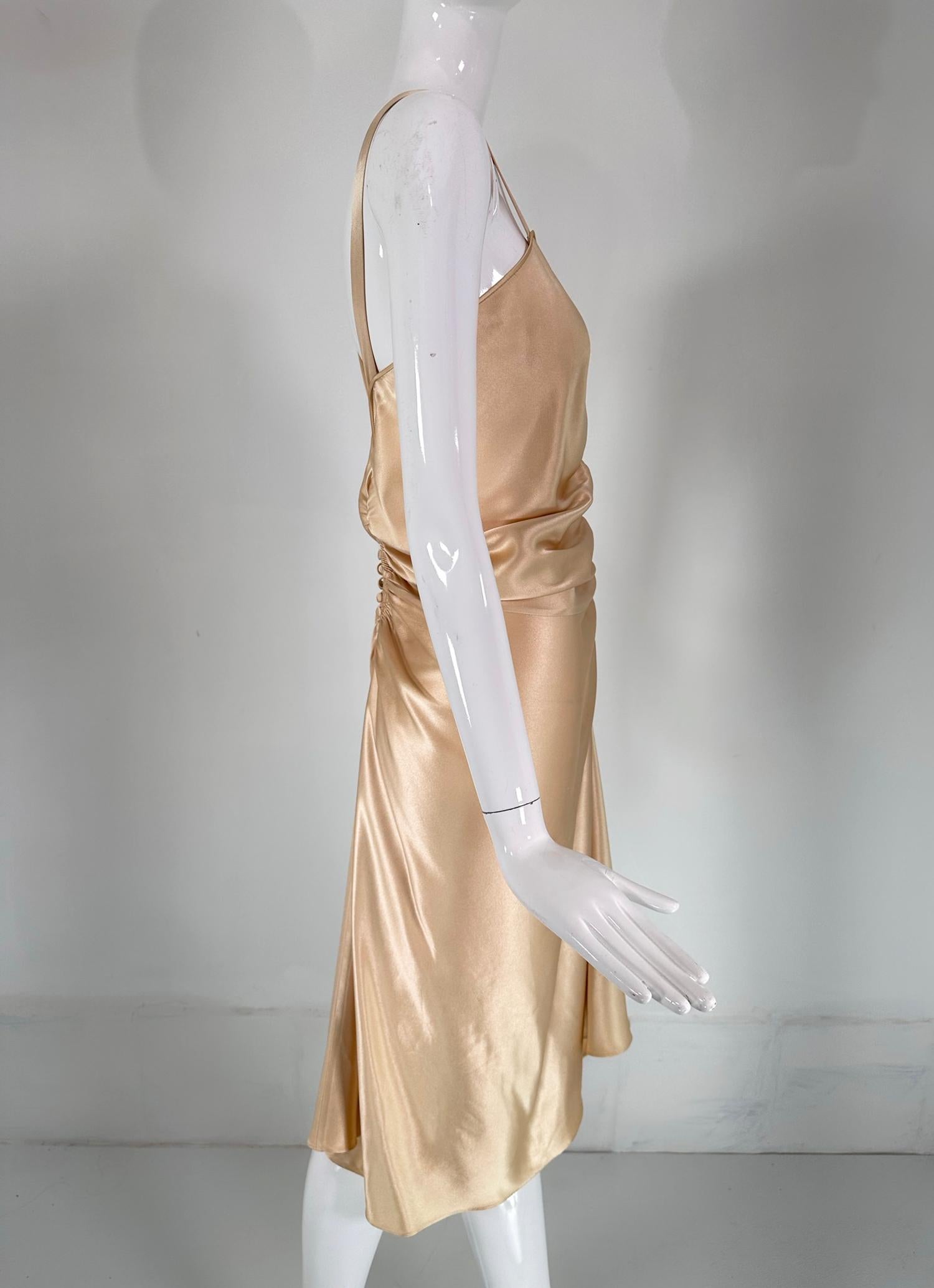 John Galliano Glamourous Gold Satin Shirred Front Button Back Evening Dress  6 In Good Condition For Sale In West Palm Beach, FL