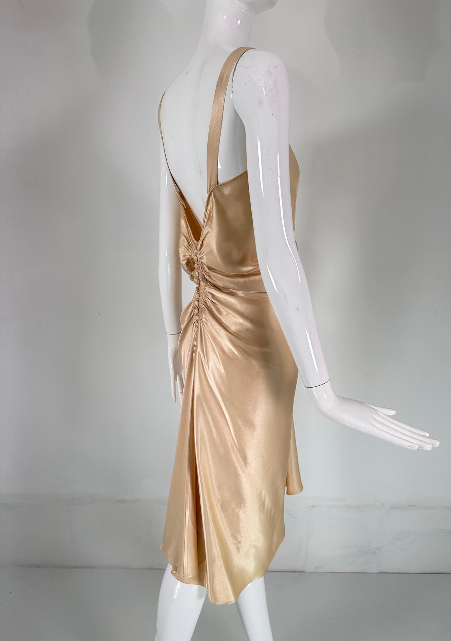 Women's John Galliano Glamourous Gold Satin Shirred Front Button Back Evening Dress  6 For Sale