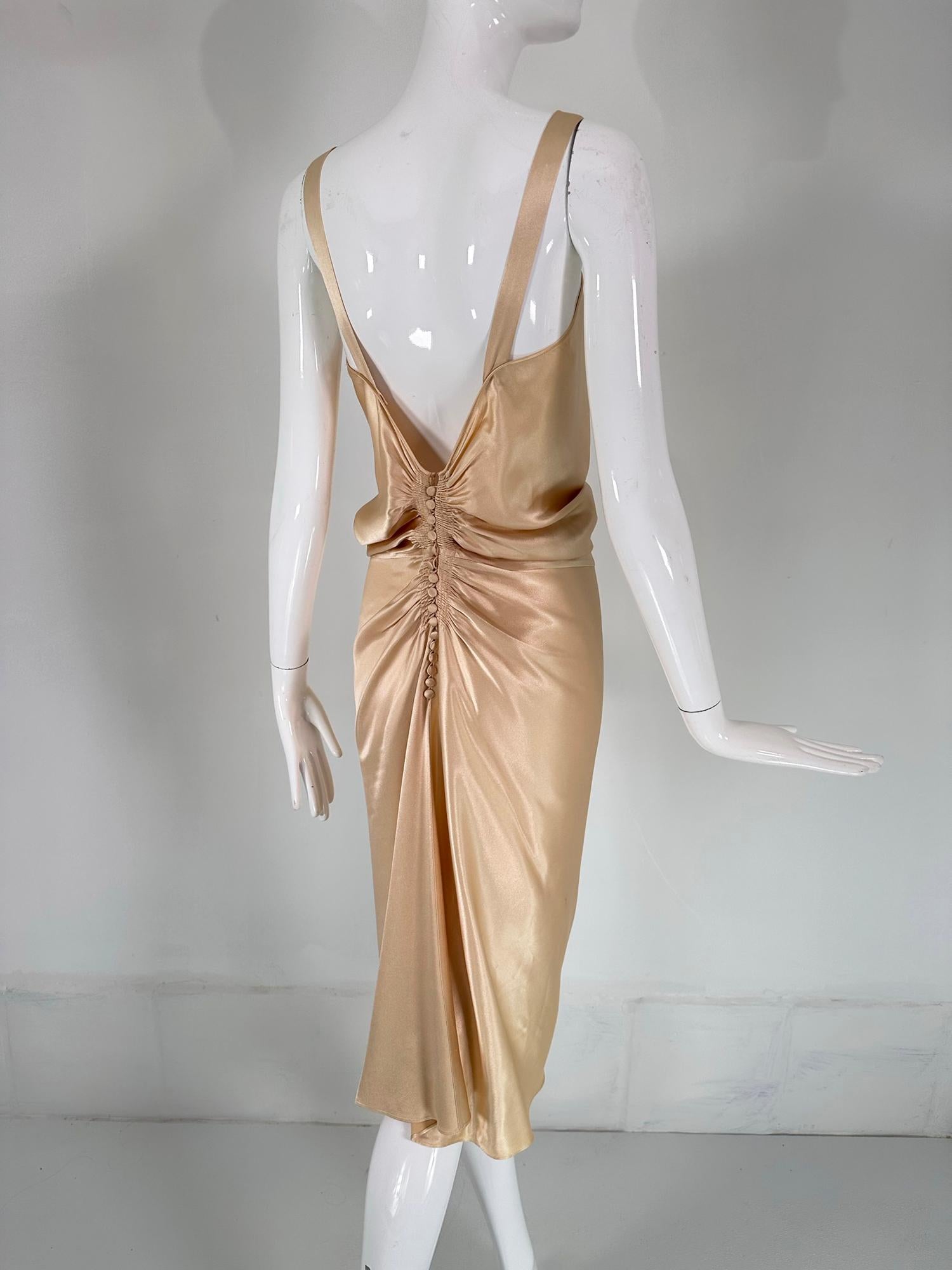 John Galliano Glamourous Gold Satin Shirred Front Button Back Evening Dress  6 For Sale 1