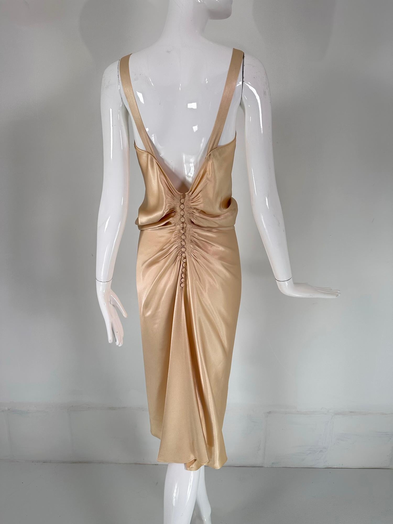 John Galliano Glamourous Gold Satin Shirred Front Button Back Evening Dress  6 For Sale 2