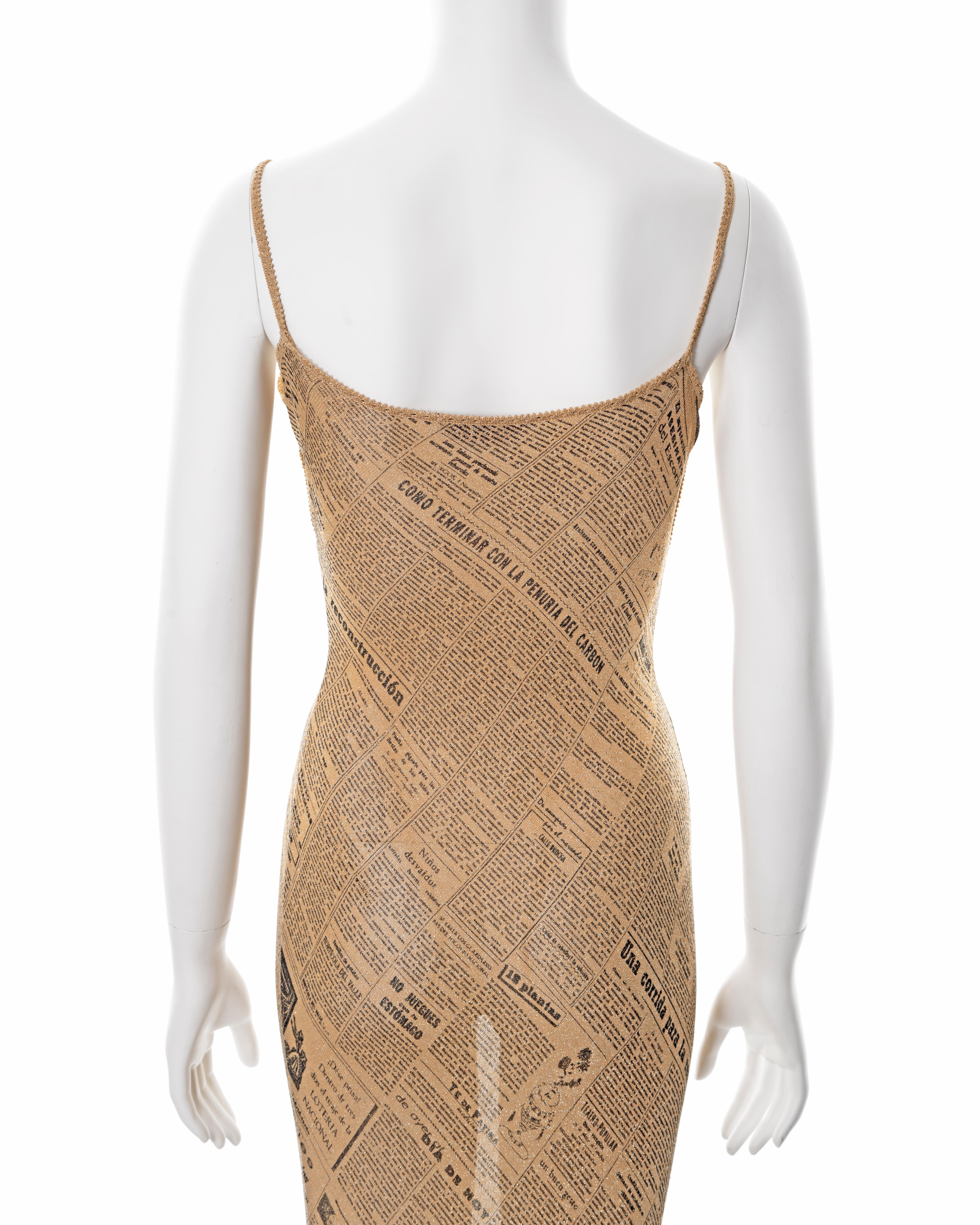 John Galliano gold lurex bias cut evening dress with newsprint motif, ss 2001 4