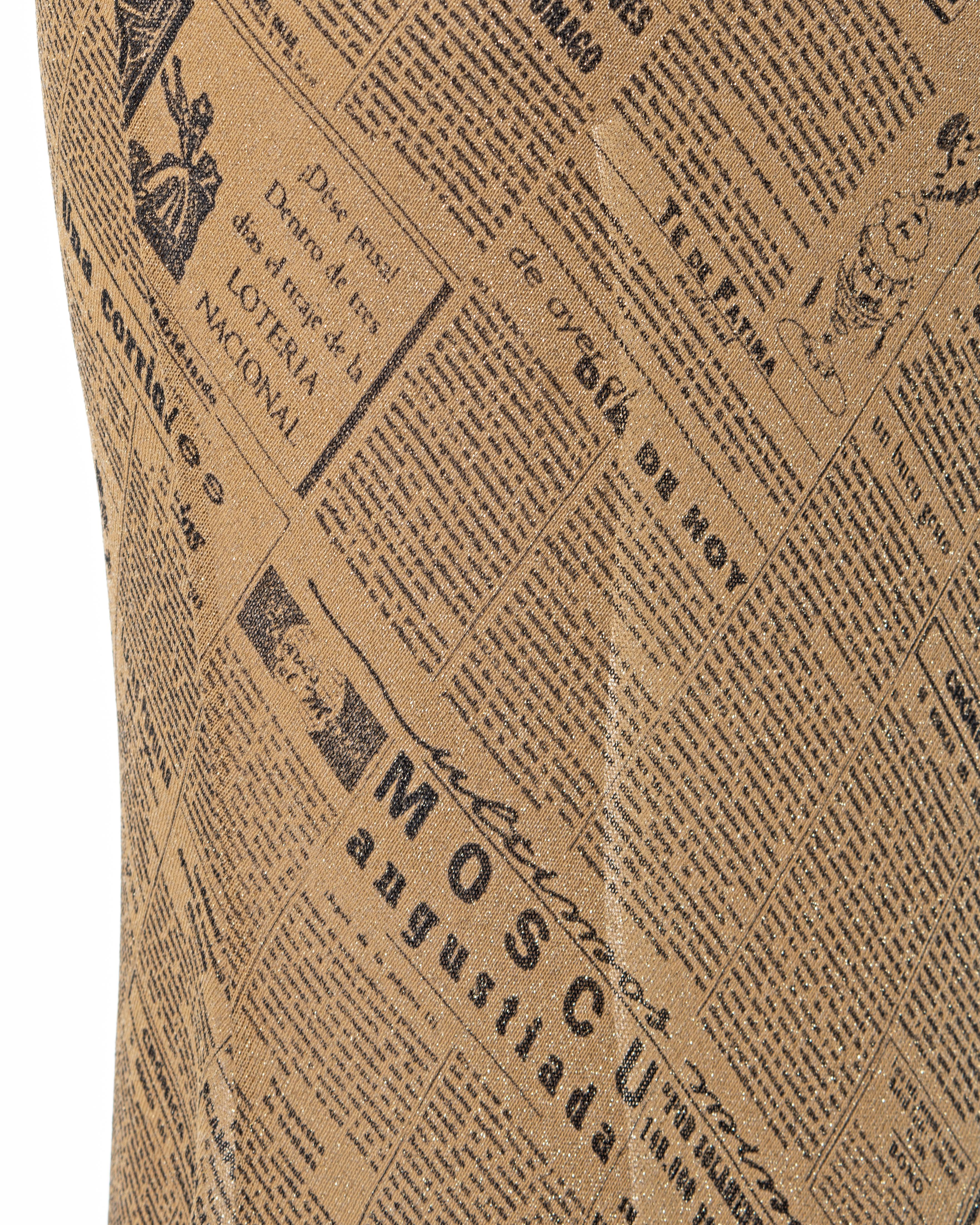 John Galliano gold lurex bias cut evening dress with newsprint motif, ss 2001 5