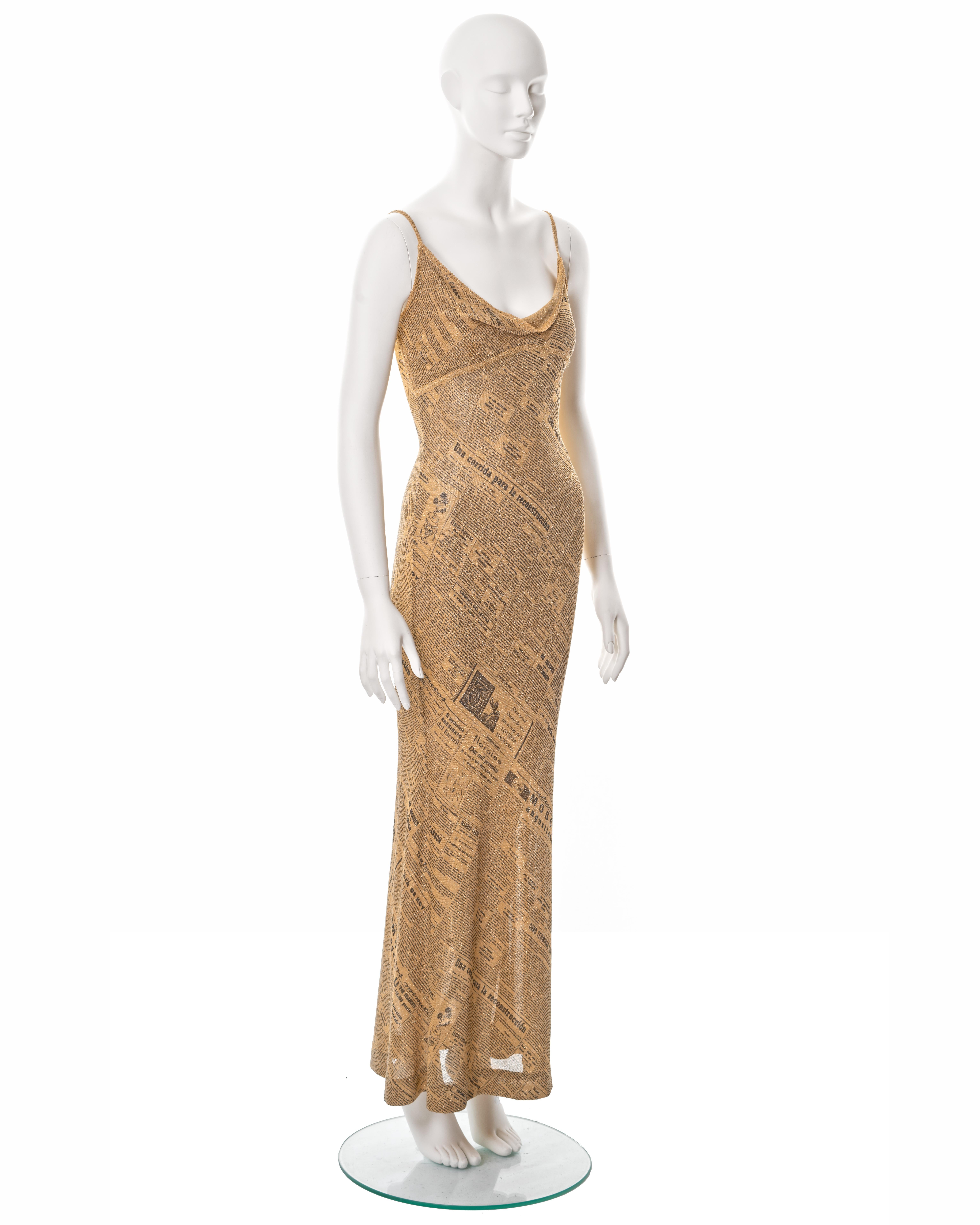 John Galliano gold lurex bias cut evening dress with newsprint motif, ss 2001 In Good Condition In London, GB