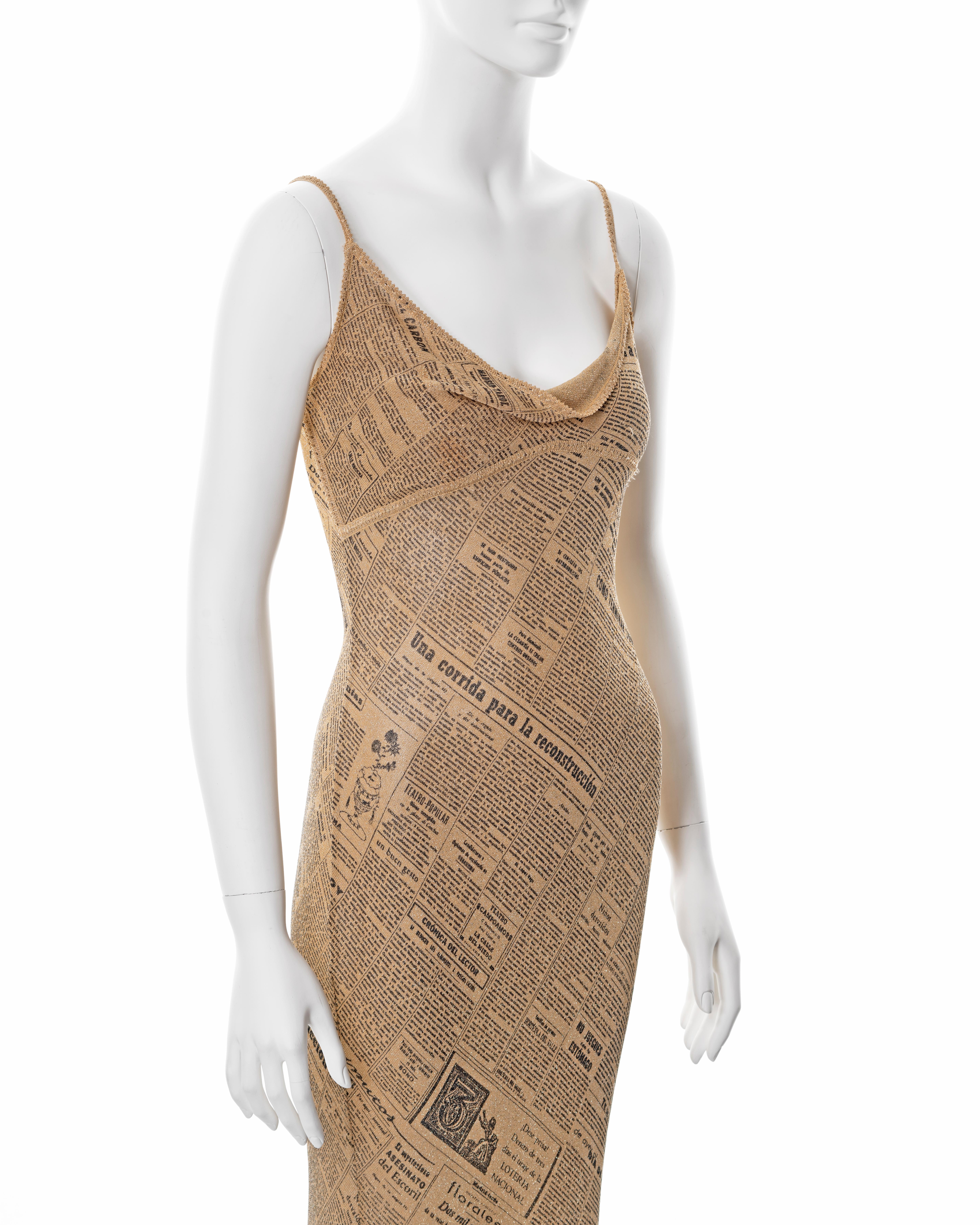 Women's John Galliano gold lurex bias cut evening dress with newsprint motif, ss 2001