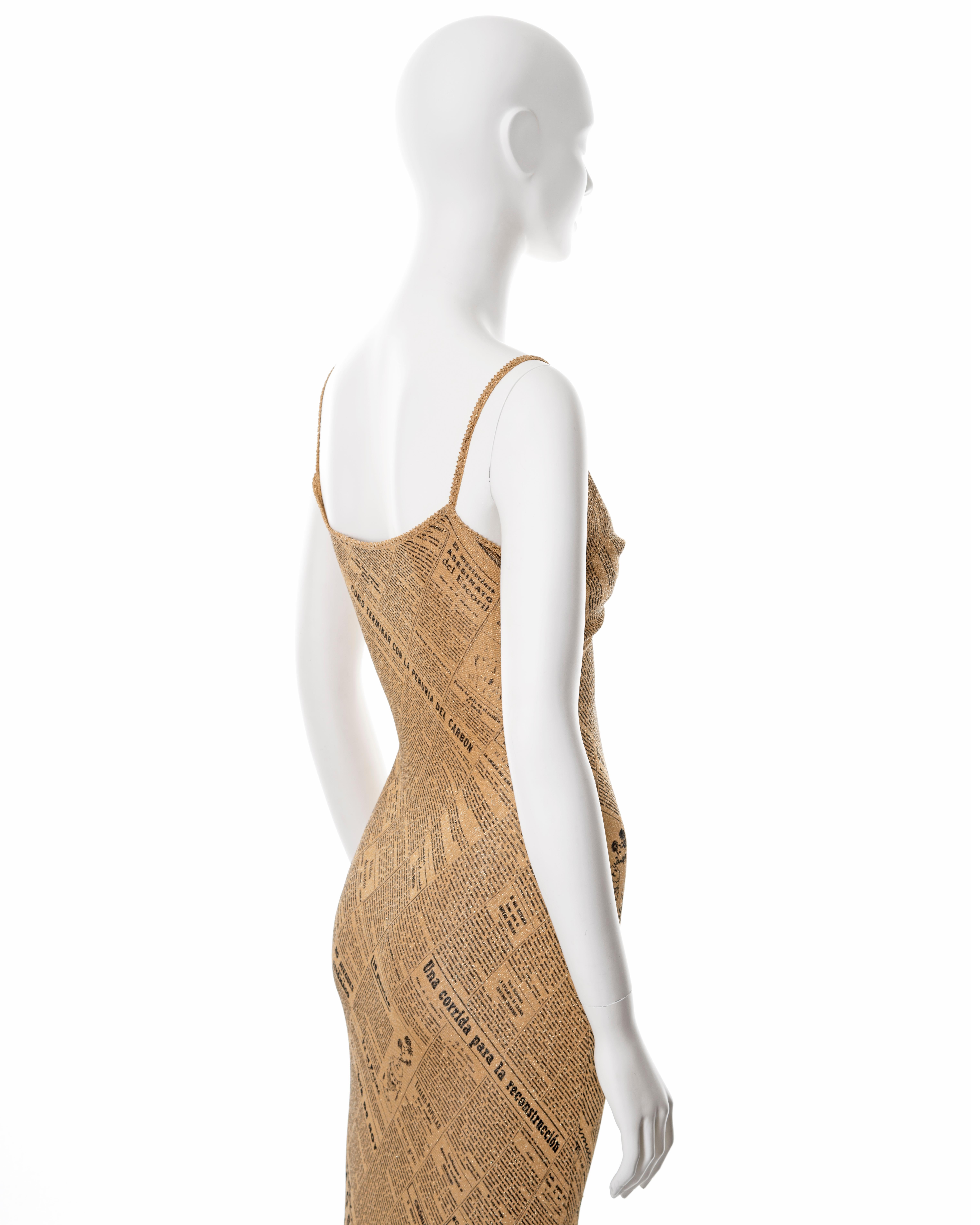 John Galliano gold lurex bias cut evening dress with newsprint motif, ss 2001 2