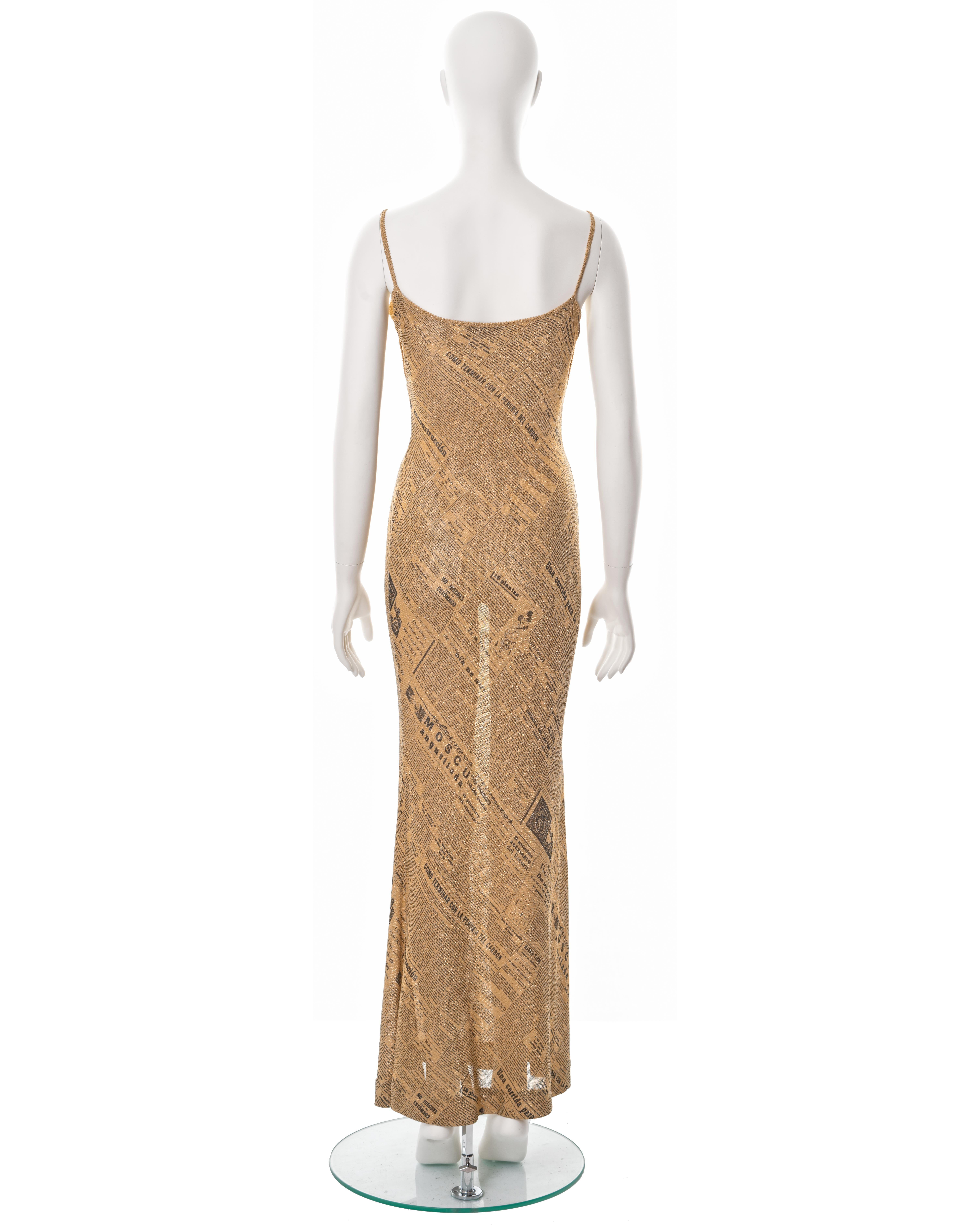 John Galliano gold lurex bias cut evening dress with newsprint motif, ss 2001 3