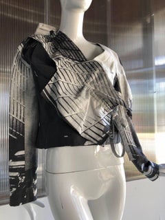 John Galliano Gray and White Linen Wrap-Front Jacket W/ Side Tie and Ruffle