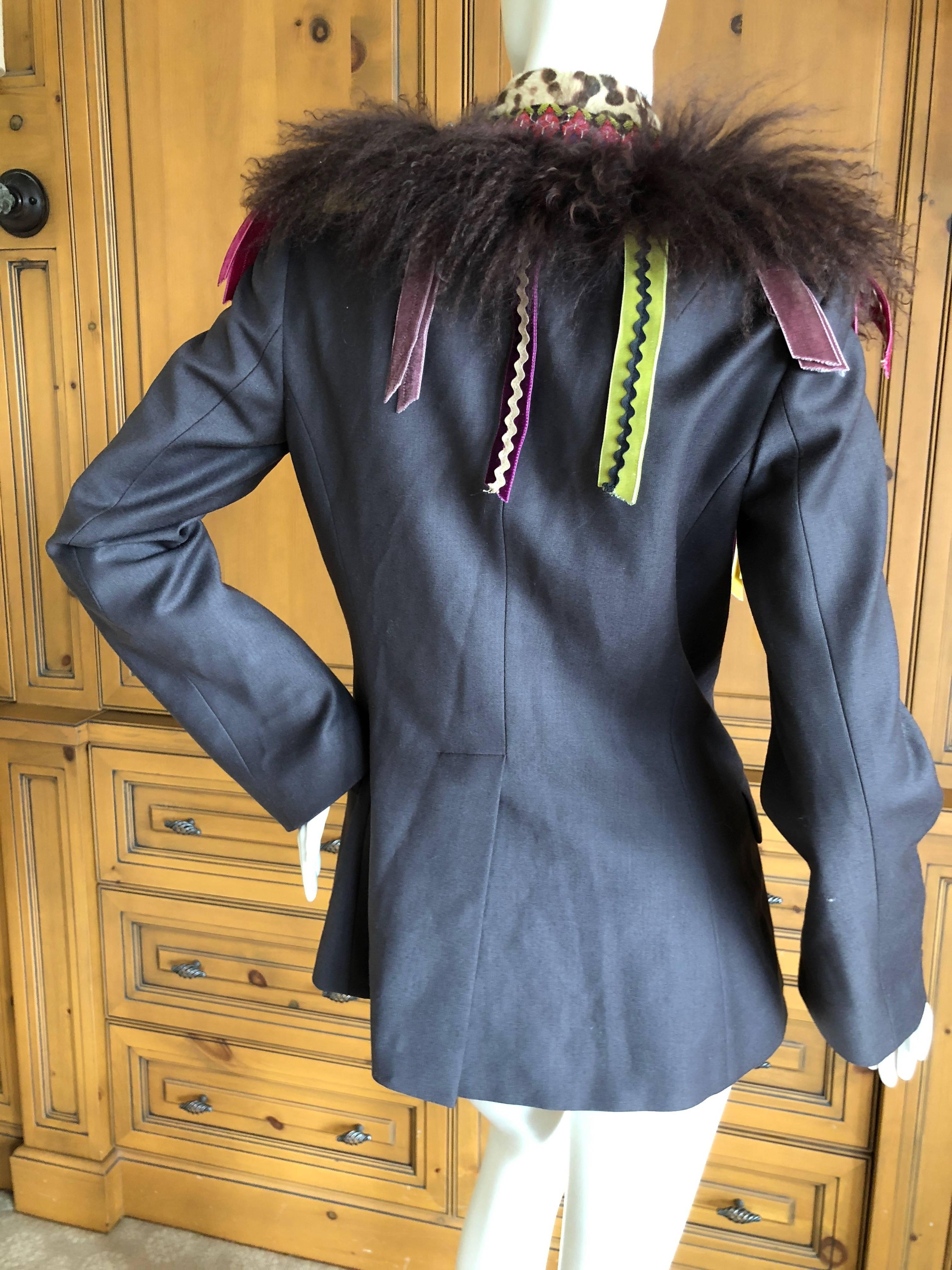 John Galliano Gray Wool Jacket with Festive Mongolian Lamb and Calf Fur Lapel For Sale 6