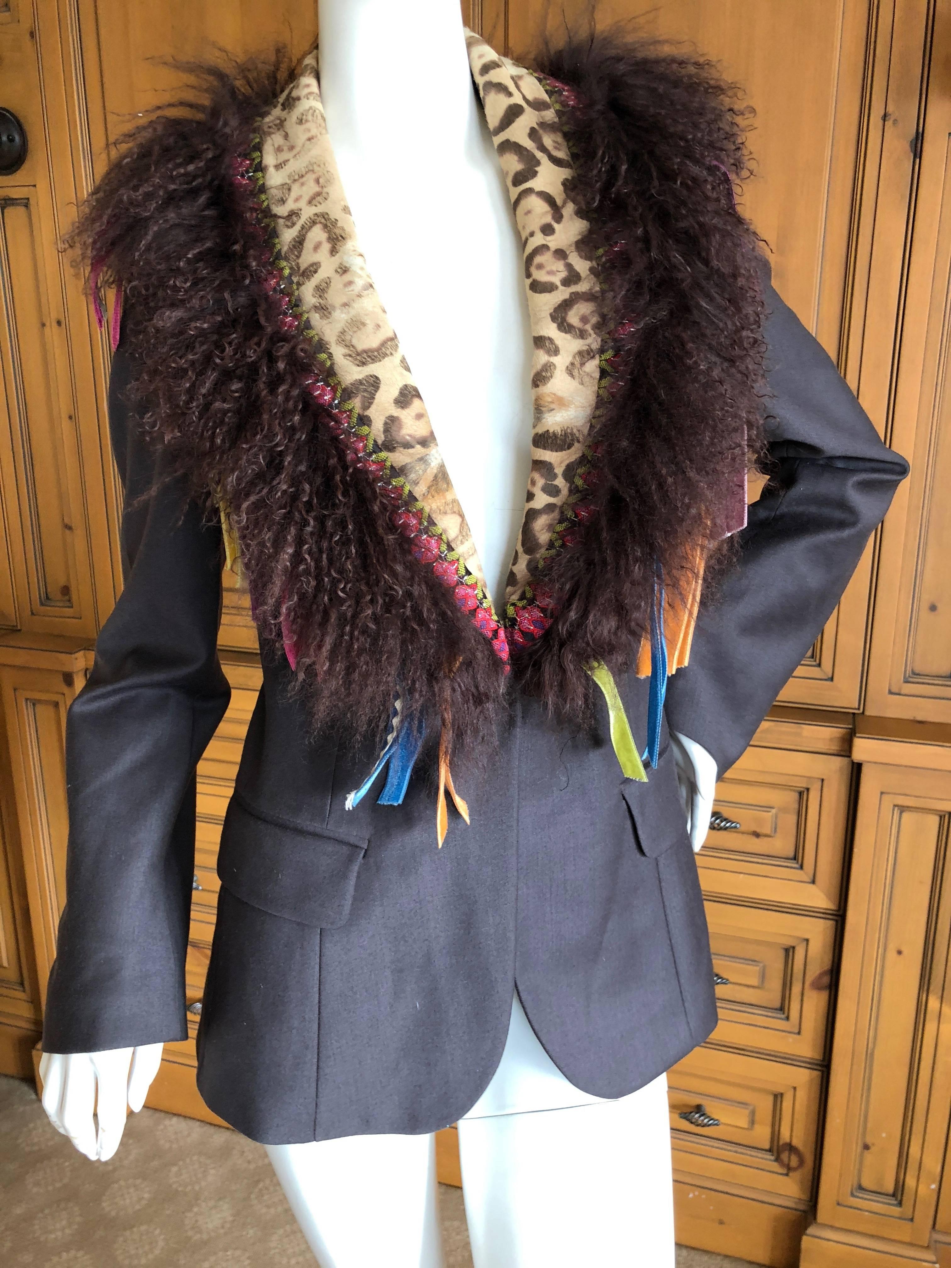 John Galliano Gray Wool Jacket with Festive Mongolian Lamb and Calf Fur Lapel.
Size 36
 Bust 36