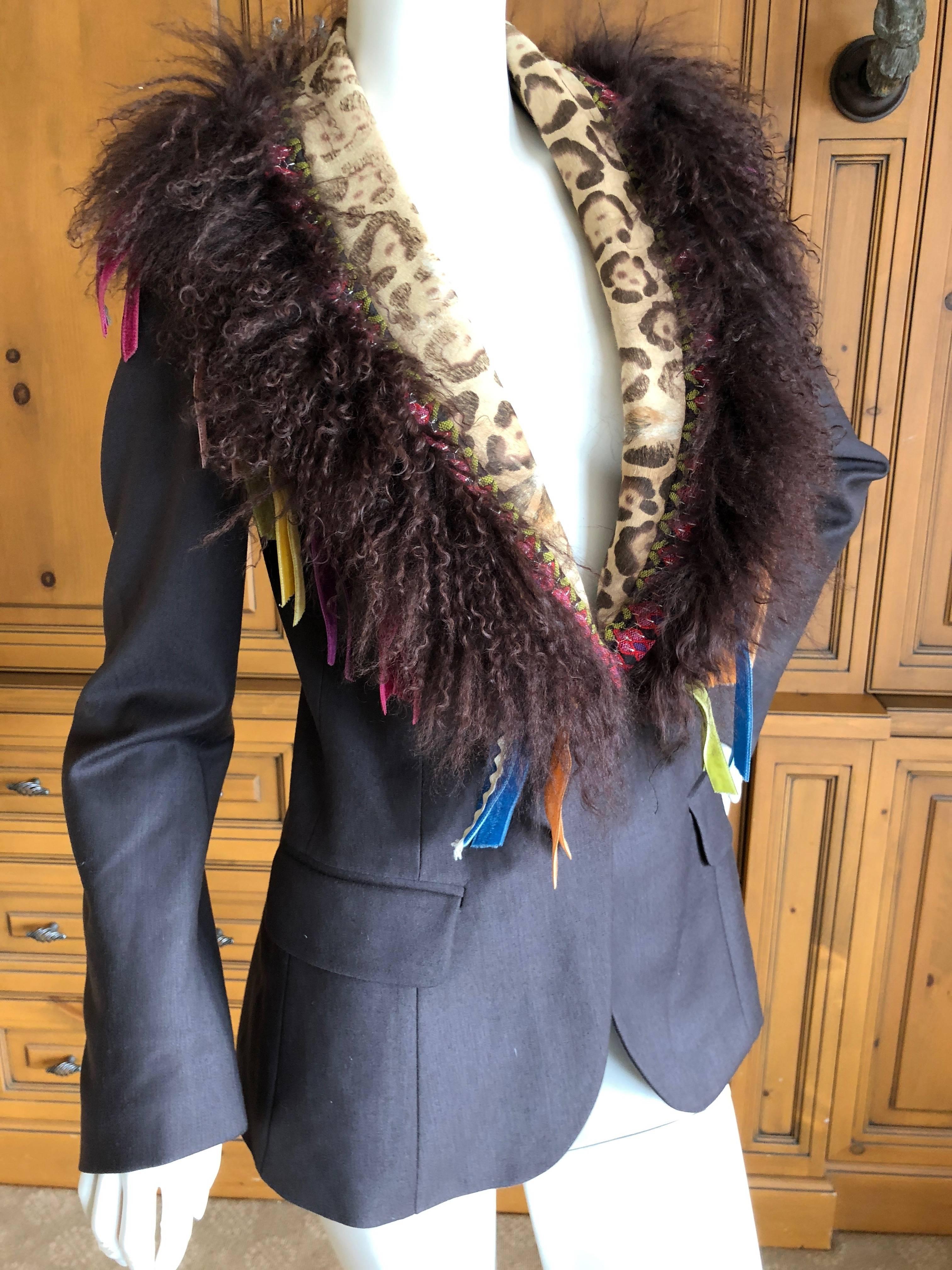 John Galliano Gray Wool Jacket with Festive Mongolian Lamb and Calf Fur Lapel In Excellent Condition For Sale In Cloverdale, CA