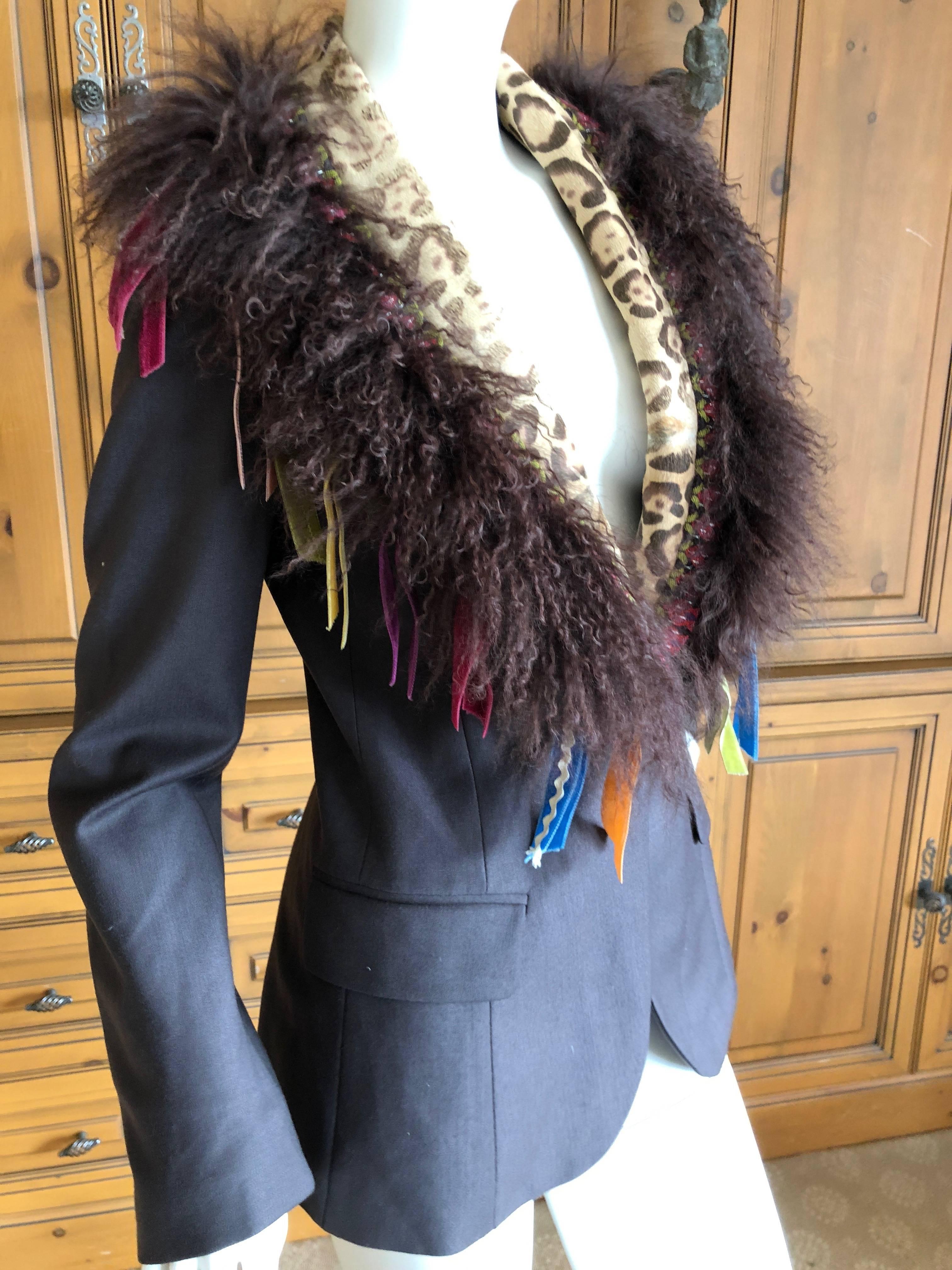 Women's John Galliano Gray Wool Jacket with Festive Mongolian Lamb and Calf Fur Lapel For Sale