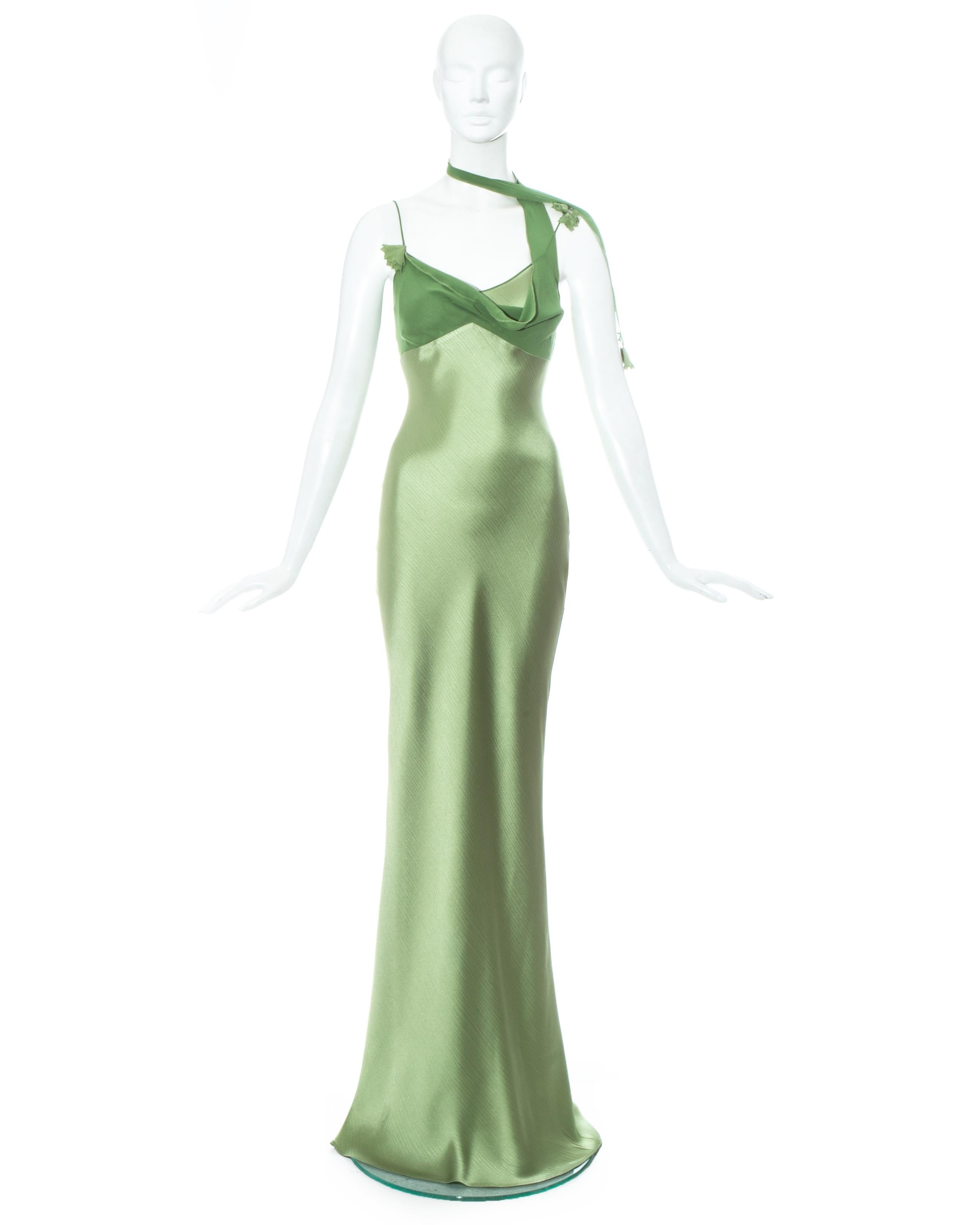 John Galliano green acetate maxi dress with silk chiffon scarf attached from the bust. 

c. 1990s