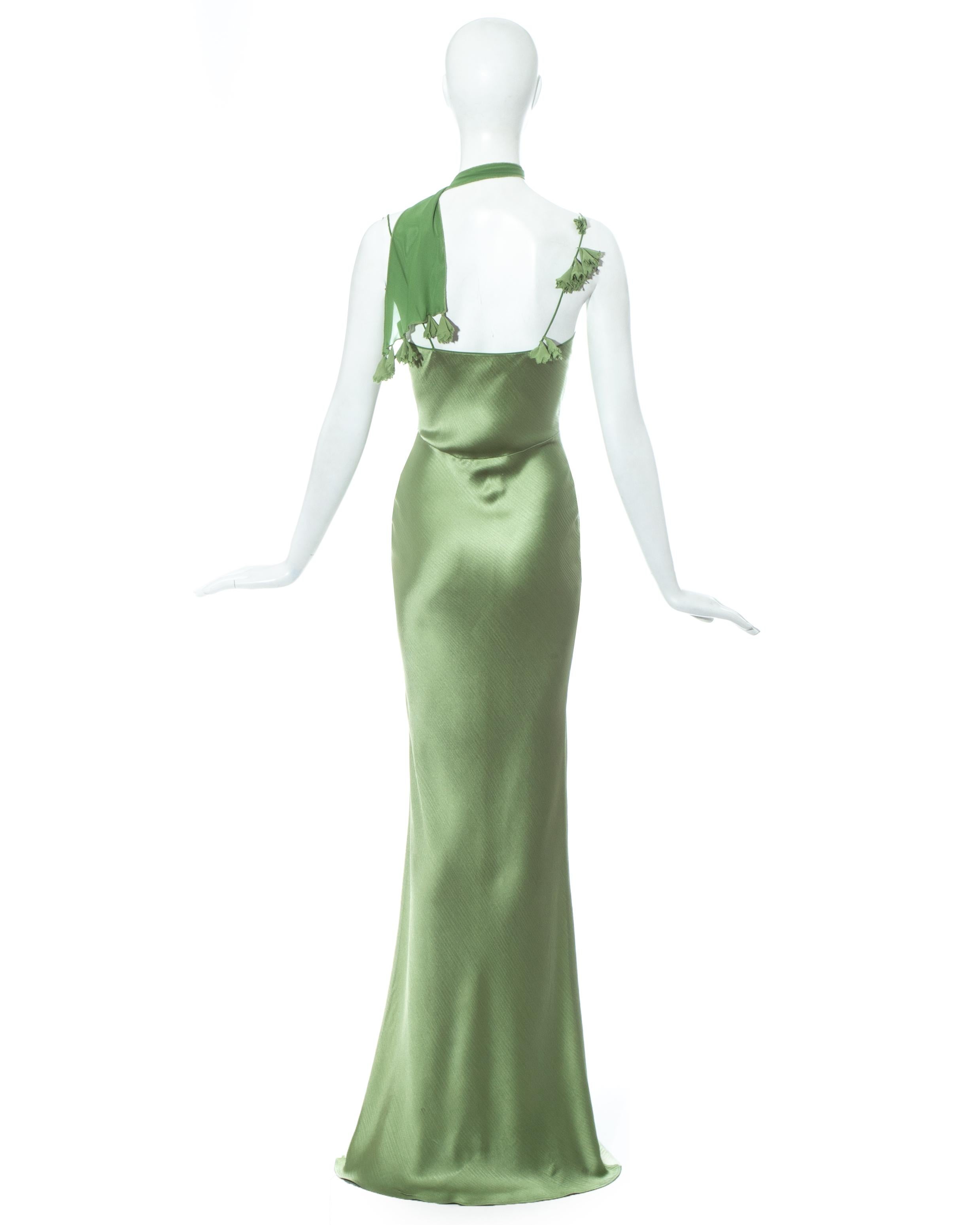 Gray John Galliano green acetate maxi dress with attached silk scarf, c. 1990s