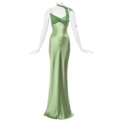 Vintage John Galliano green acetate maxi dress with attached silk scarf, c. 1990s