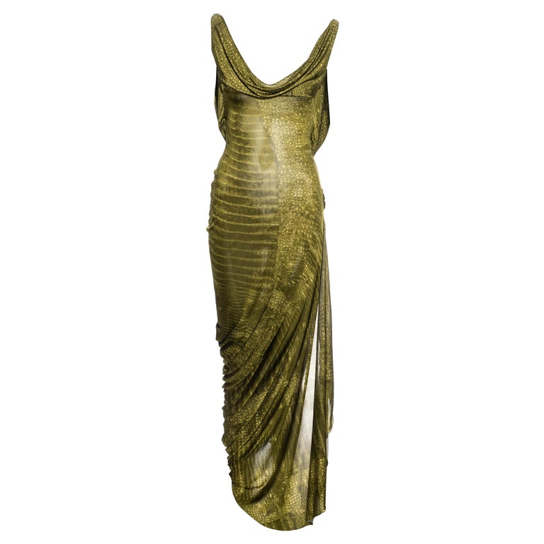 John Galliano green reptile print rayon draped low back evening dress ...