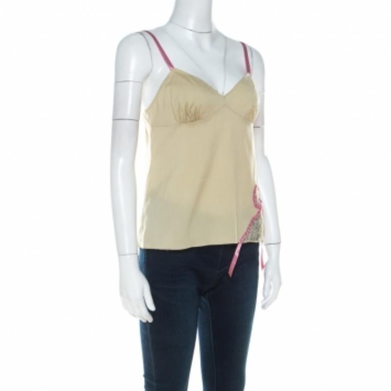 John Galliano - Camisole verte extensible en coton et dentelle avec nœud papillon M en vente 3