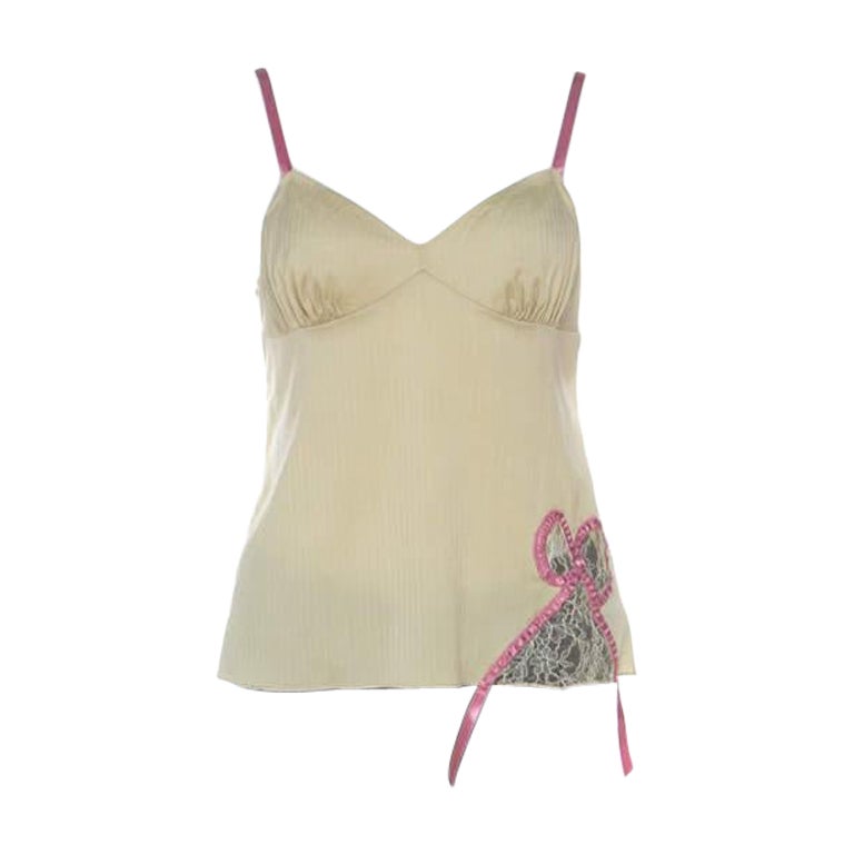 John Galliano Green Stretch Cotton and Lace Bow Detail Camisole Top M