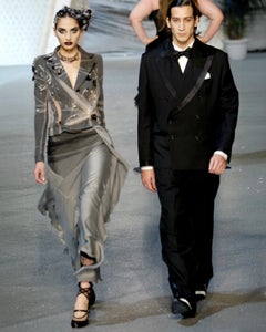 John Galliano Grey Bias-Cut Silk Draped Skirt with Tulle Overlay, SS 2006