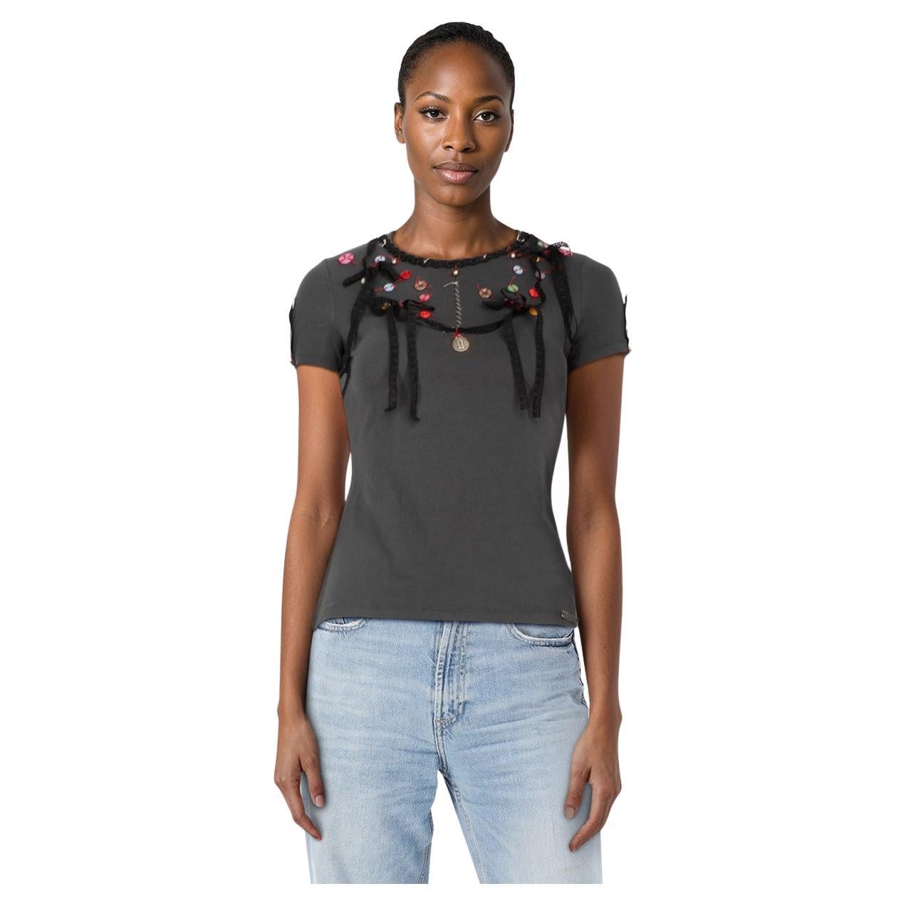 John Galliano Top grigio con pizzo e bottoni taglia S in vendita