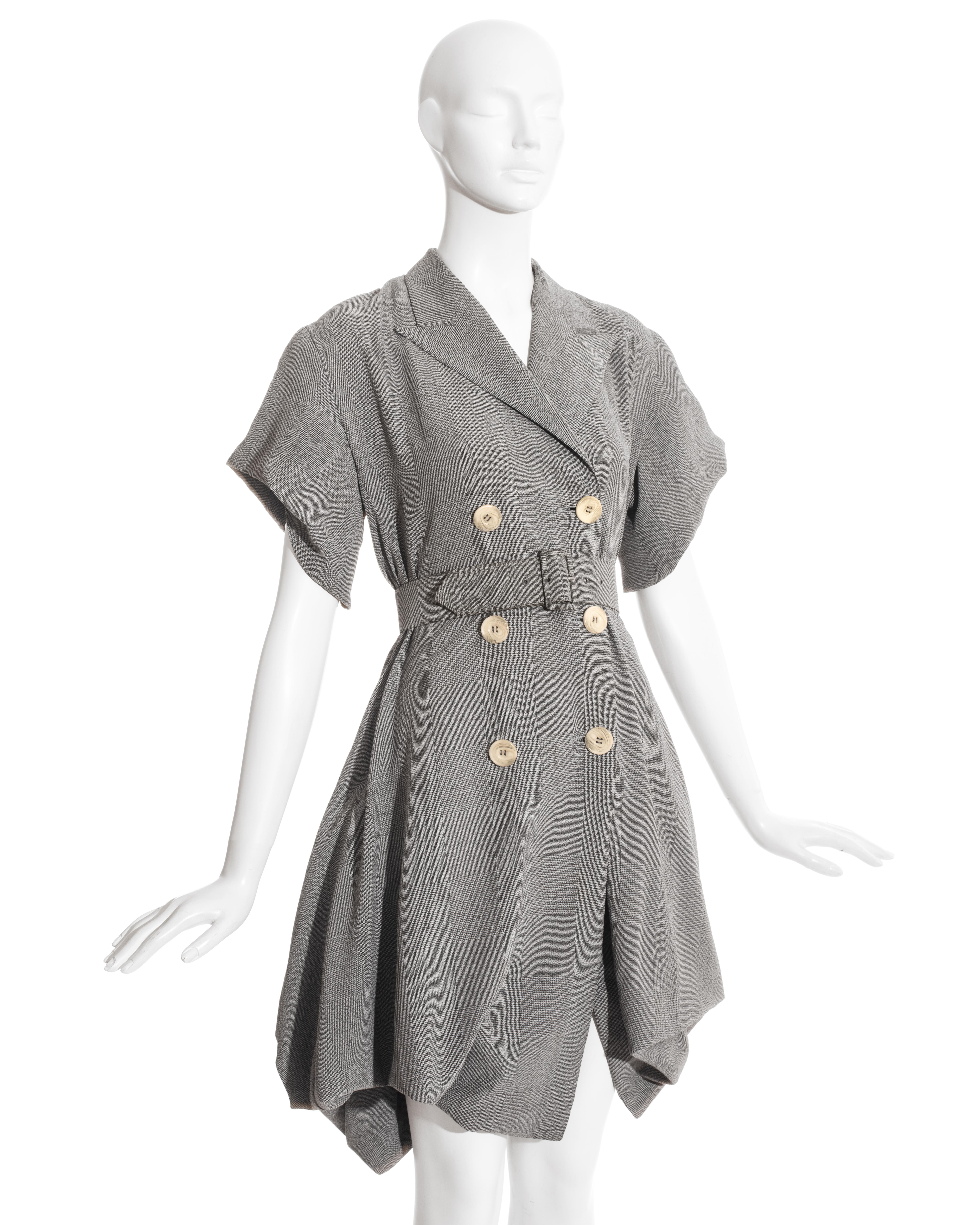 Gray John Galliano grey rayon checked Blanche Dubois bustled coat dress, ss 1988 For Sale