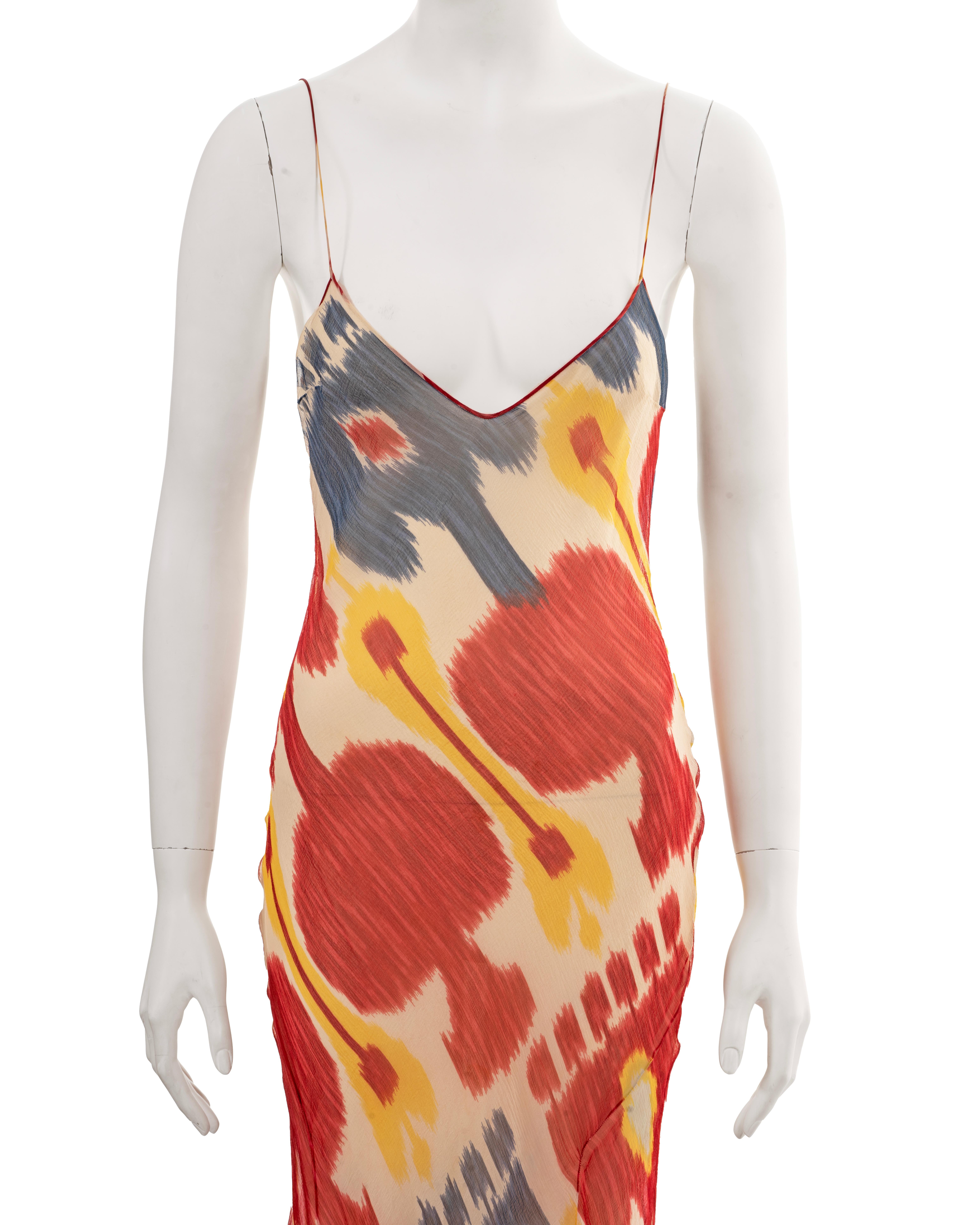 Women's John Galliano ikat print bias cut silk chiffon evening slip dress, ss 1998 For Sale