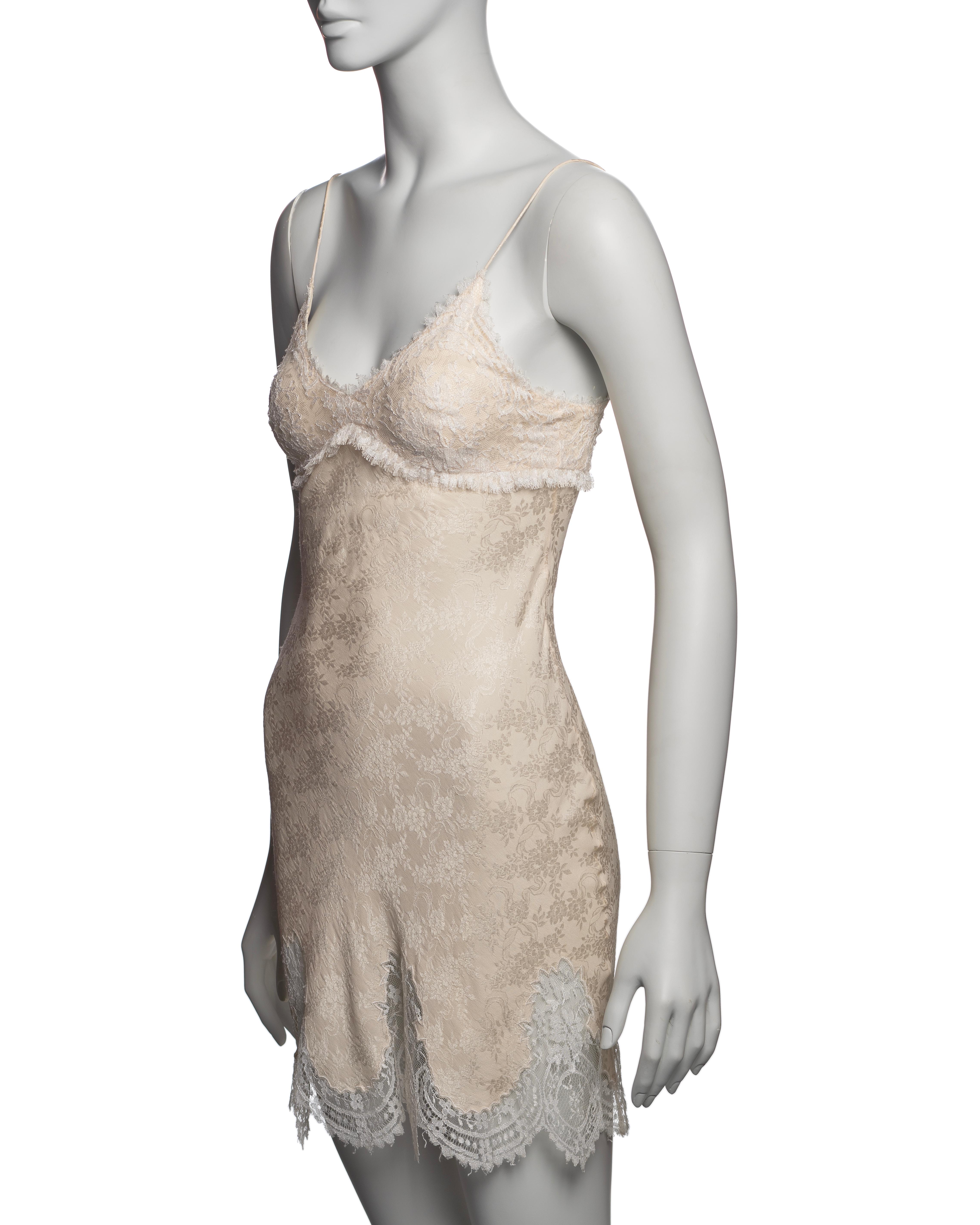 John Galliano Ivory Floral Silk Damask Mini Slip Dress with Lace Trim, SS 1998 For Sale 5