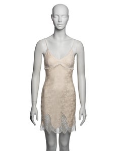 John Galliano Ivory Floral Silk Damask Mini Slip Dress with Lace Trim, SS 1998