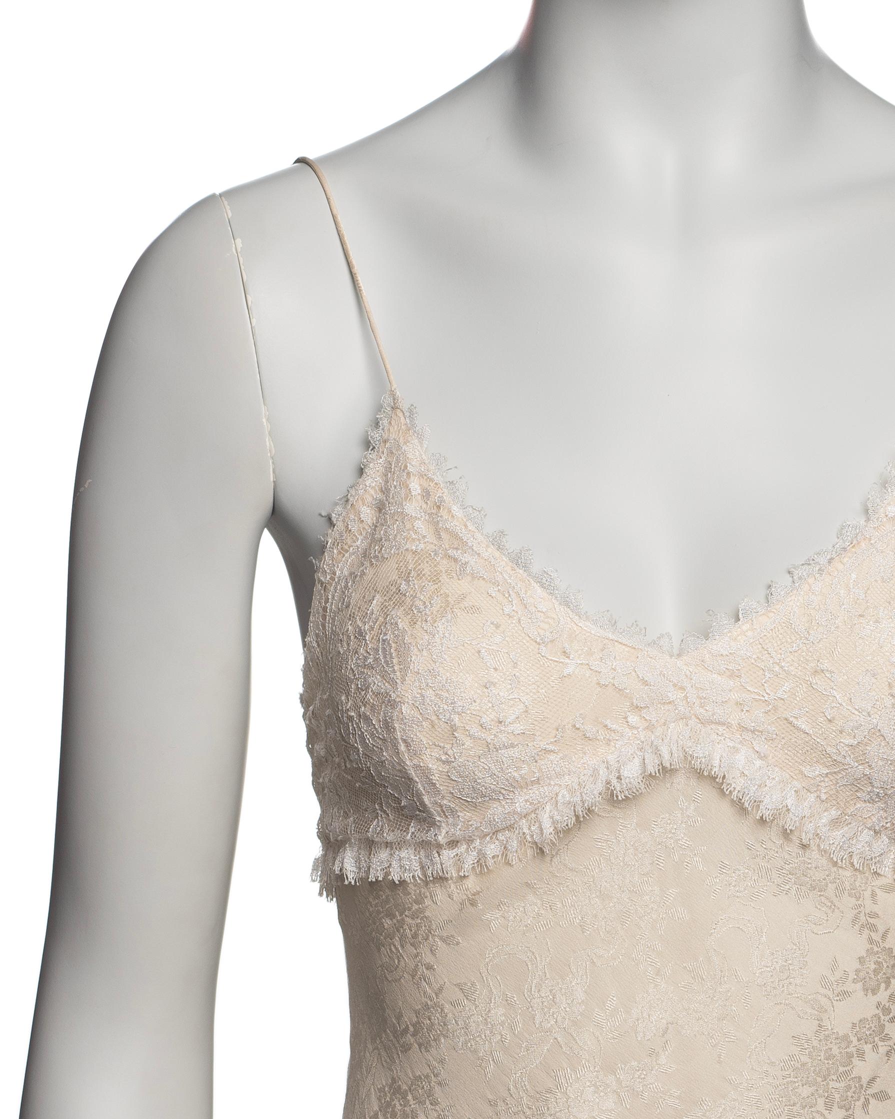 John Galliano Ivory Floral Silk Damask Mini Slip Dress with Lace Trim, SS 1998 In Excellent Condition For Sale In London, GB