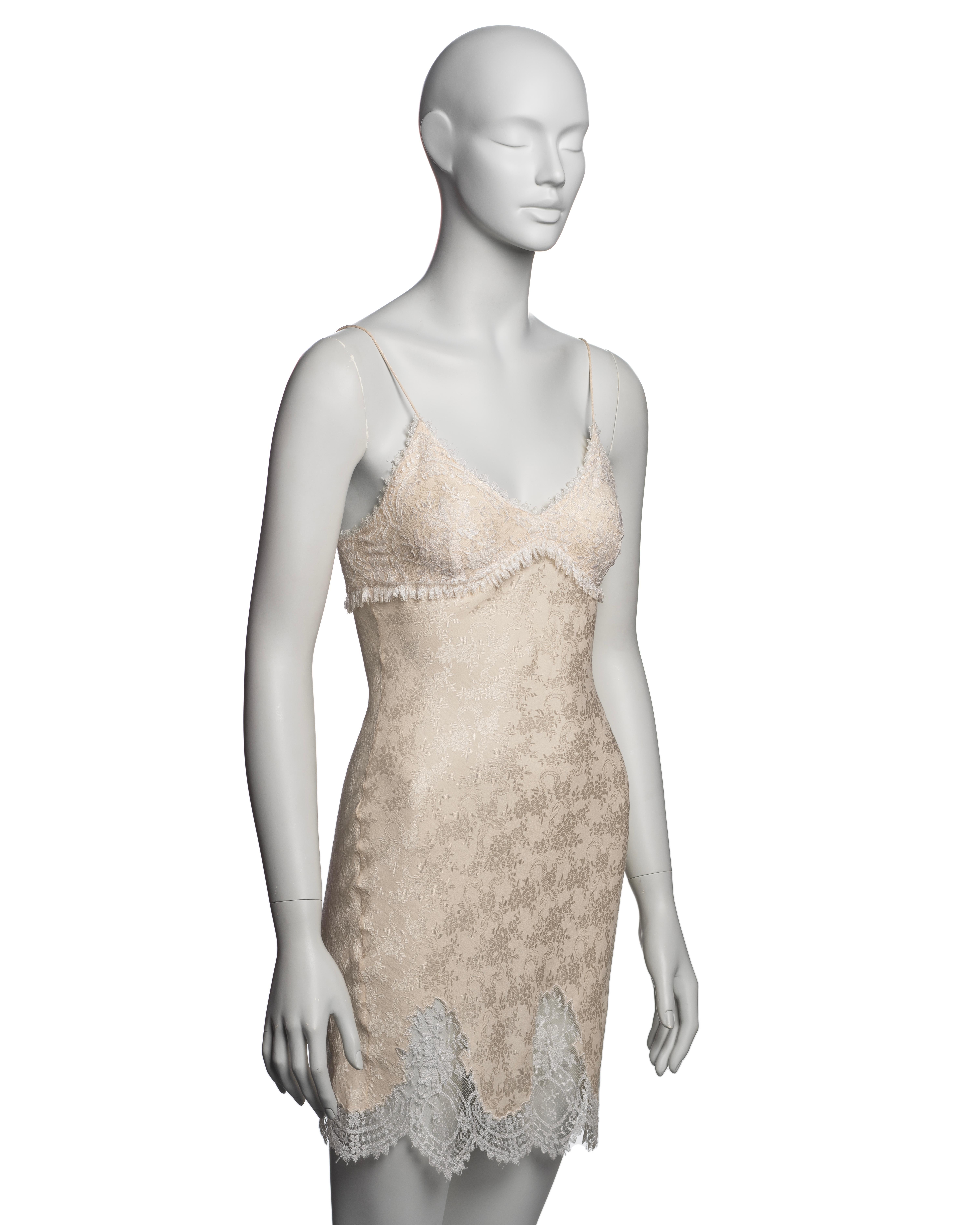 Women's John Galliano Ivory Floral Silk Damask Mini Slip Dress with Lace Trim, SS 1998 For Sale