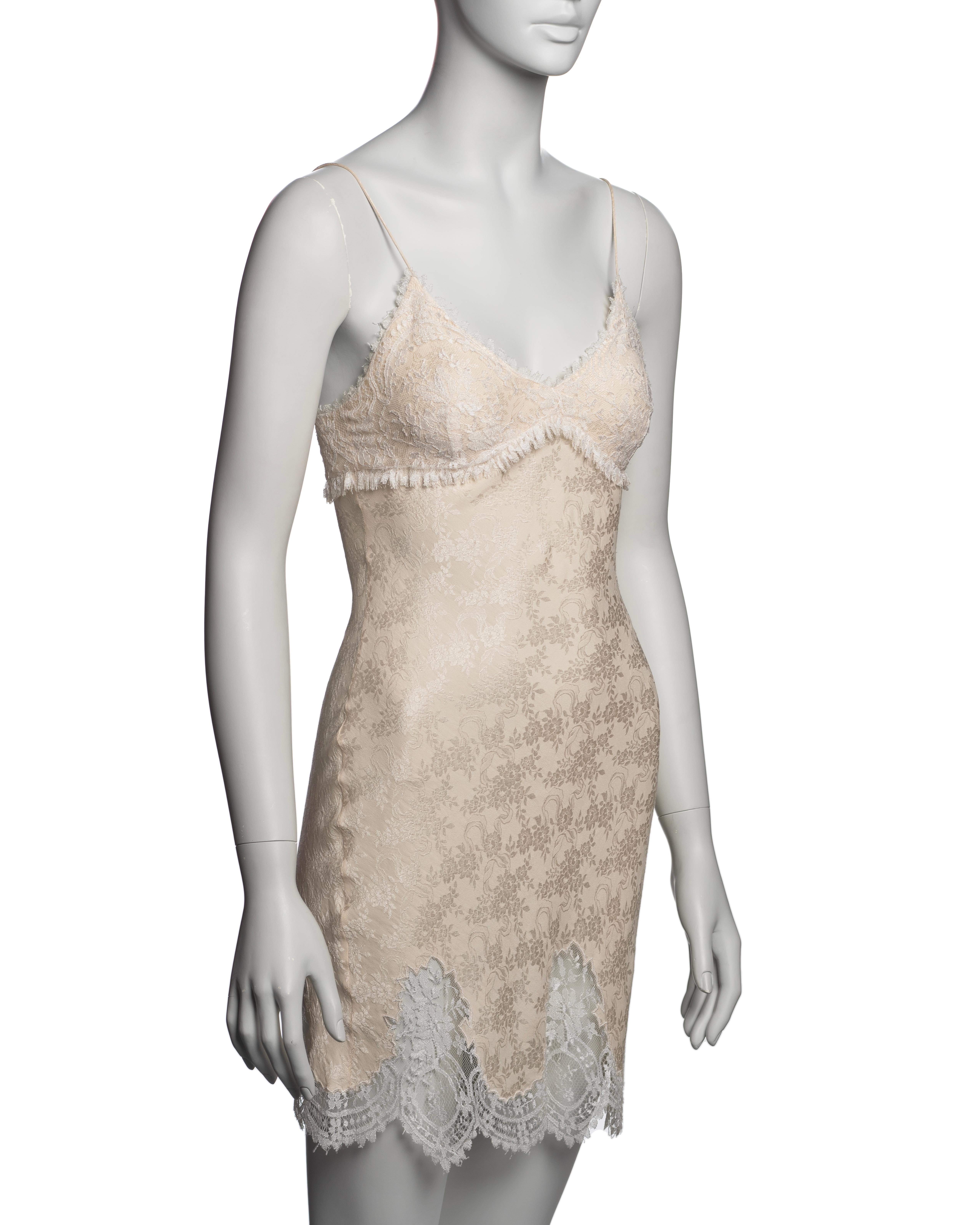 John Galliano Ivory Floral Silk Damask Mini Slip Dress with Lace Trim, SS 1998 For Sale 1