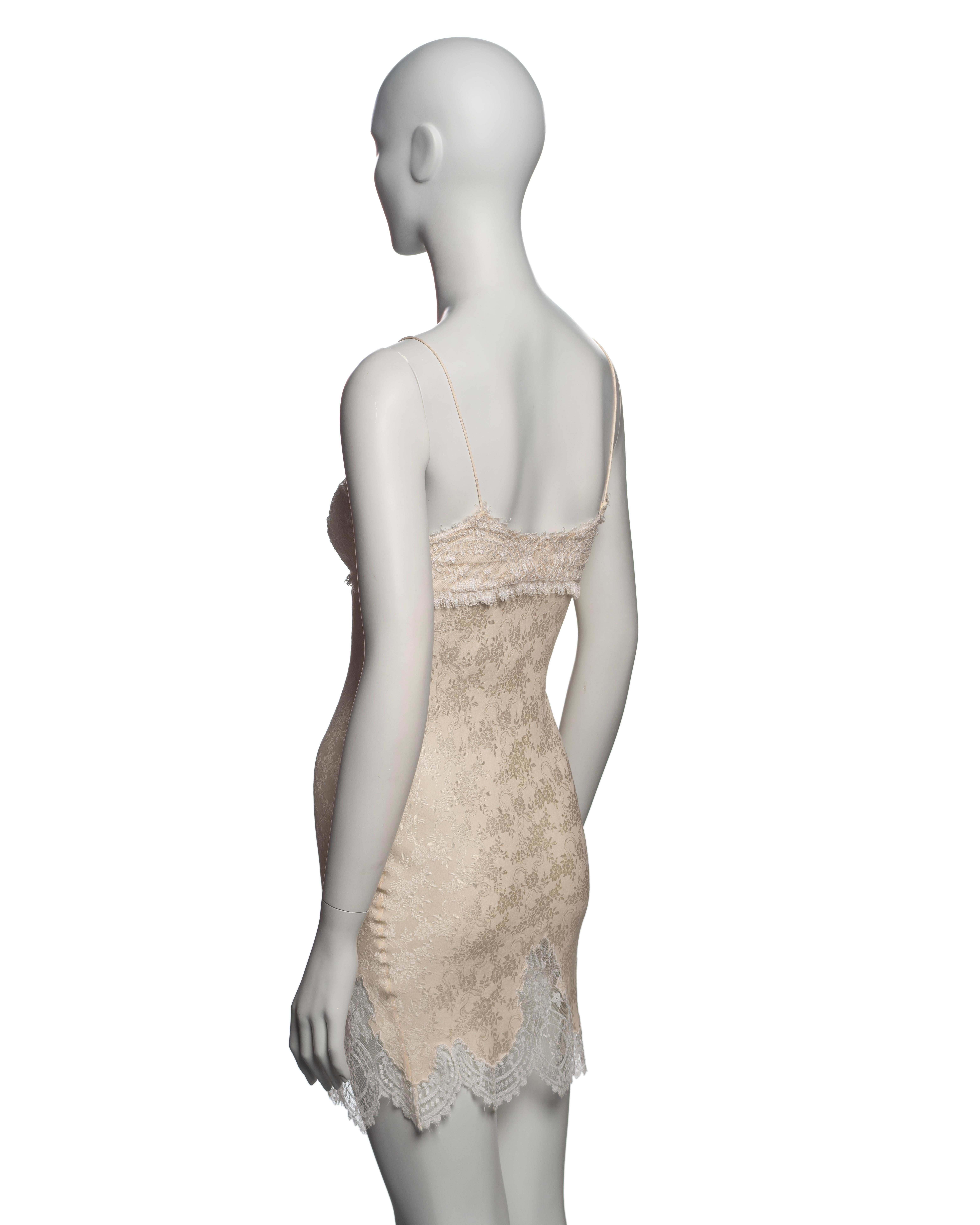 John Galliano Ivory Floral Silk Damask Mini Slip Dress with Lace Trim, SS 1998 For Sale 3